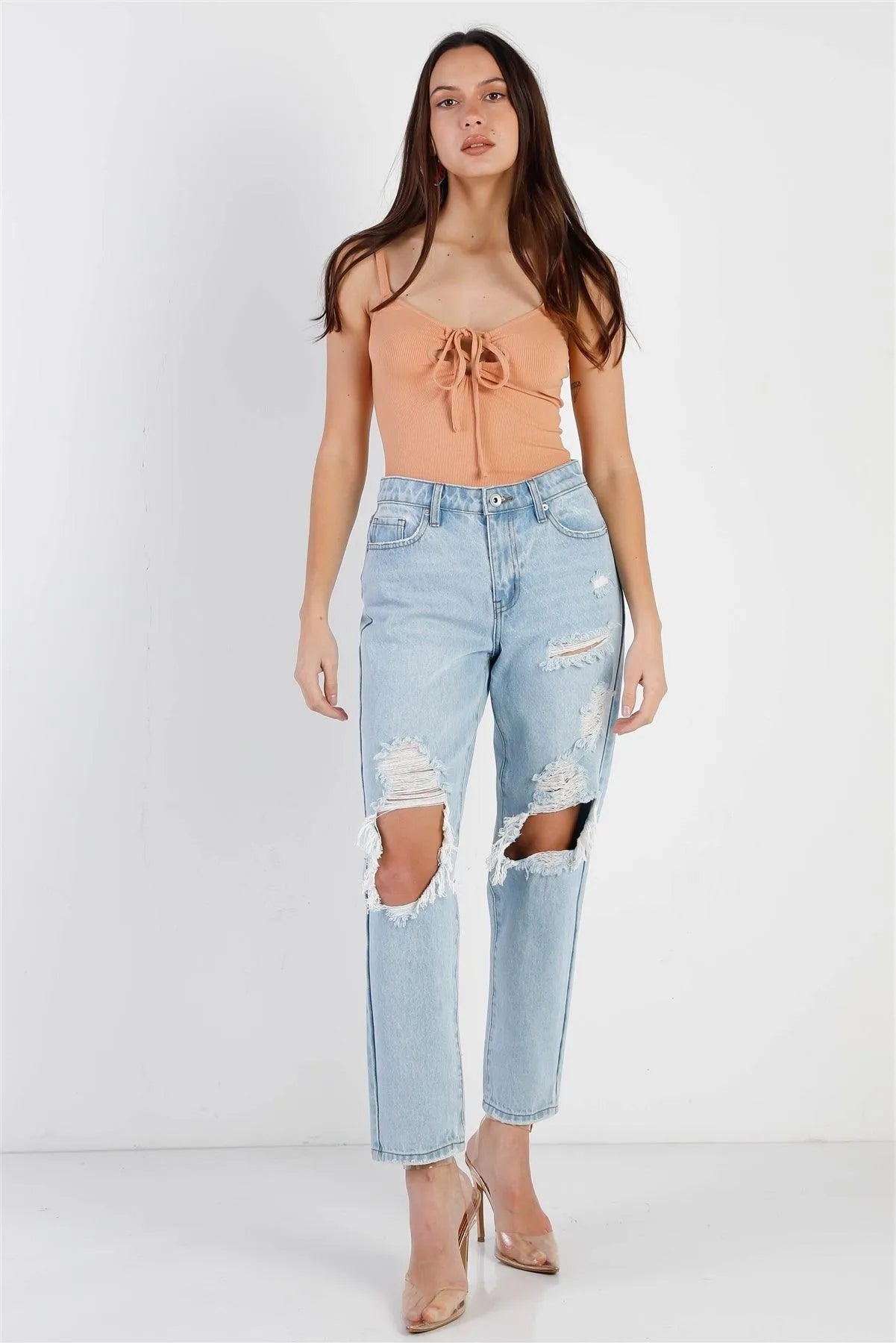 Dusty Orange Ribbed Front Lace Up Detail Sleeveless Bodysuit /3-2-1 - Tasha Apparel Wholesale