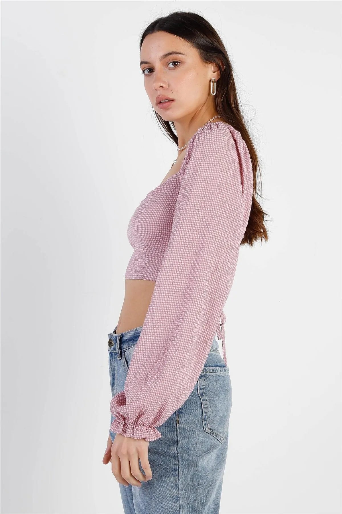 Ivory & Mauve Plaid Back Lace Down Detail Balloon Sleeve Crop Top /3-2-1 - Tasha Apparel Wholesale