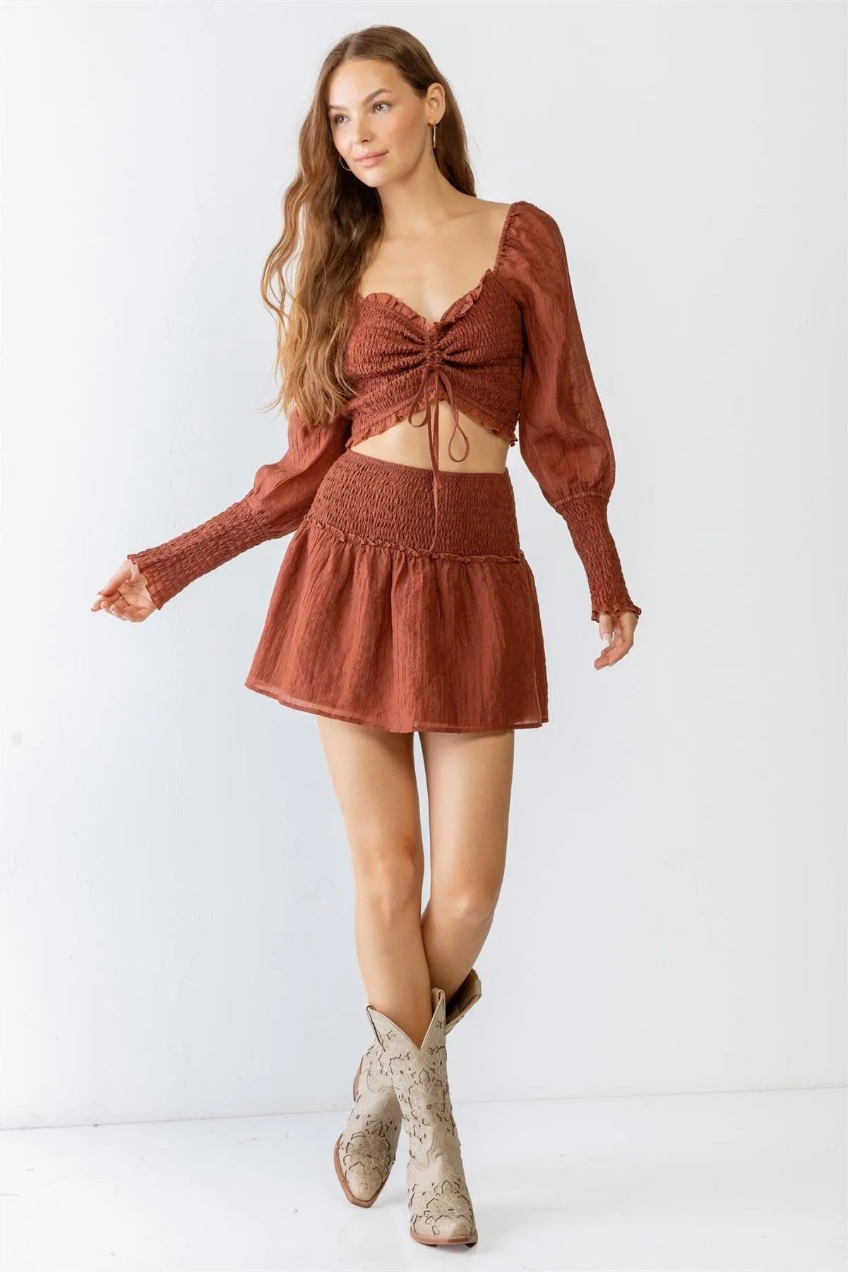 Brown Ruched Puff Balloon Ruffle Crop Top & Skirt Set - Tasha Apparel Wholesale