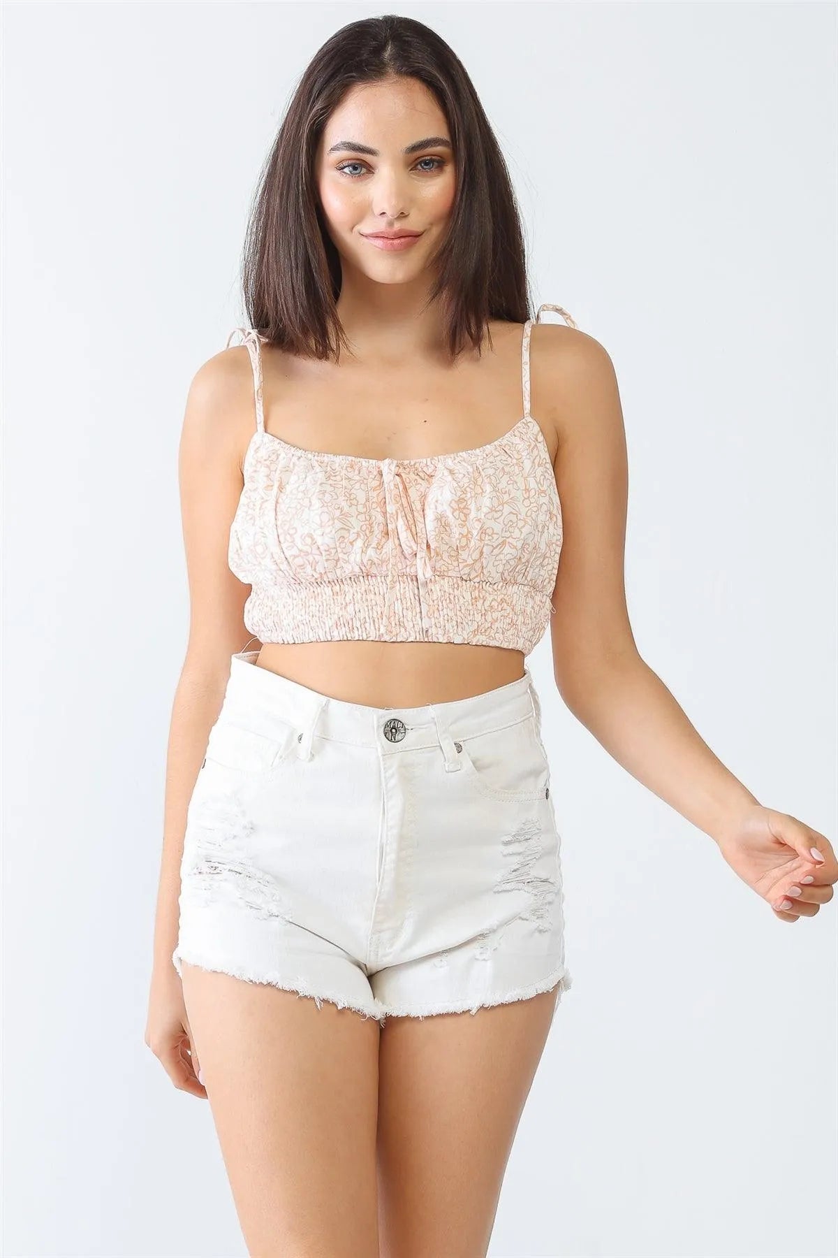 White & Orange Floral Print Sleeveless Strappy Crop Top /3-2-1 - Tasha Apparel Wholesale