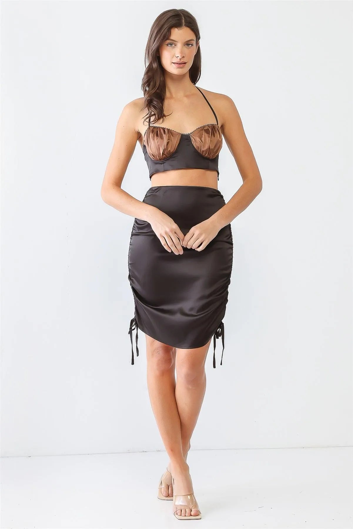 Satin Bustier Ruffle Crop Top Ruched Mini Skirt Set - Tasha Apparel Wholesale
