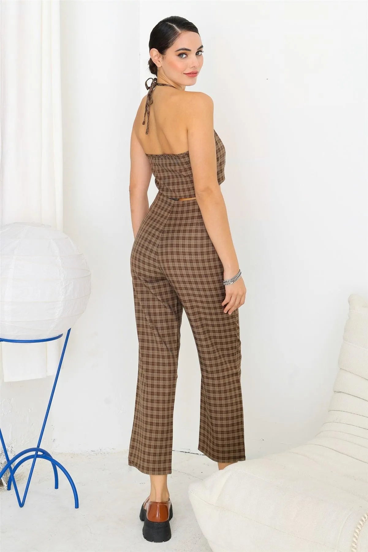 Brown Check Ruched Strappy Crop Top & High Waist Ruched Wide Leg Pants Set /1-2-2-1 - Tasha Apparel Wholesale
