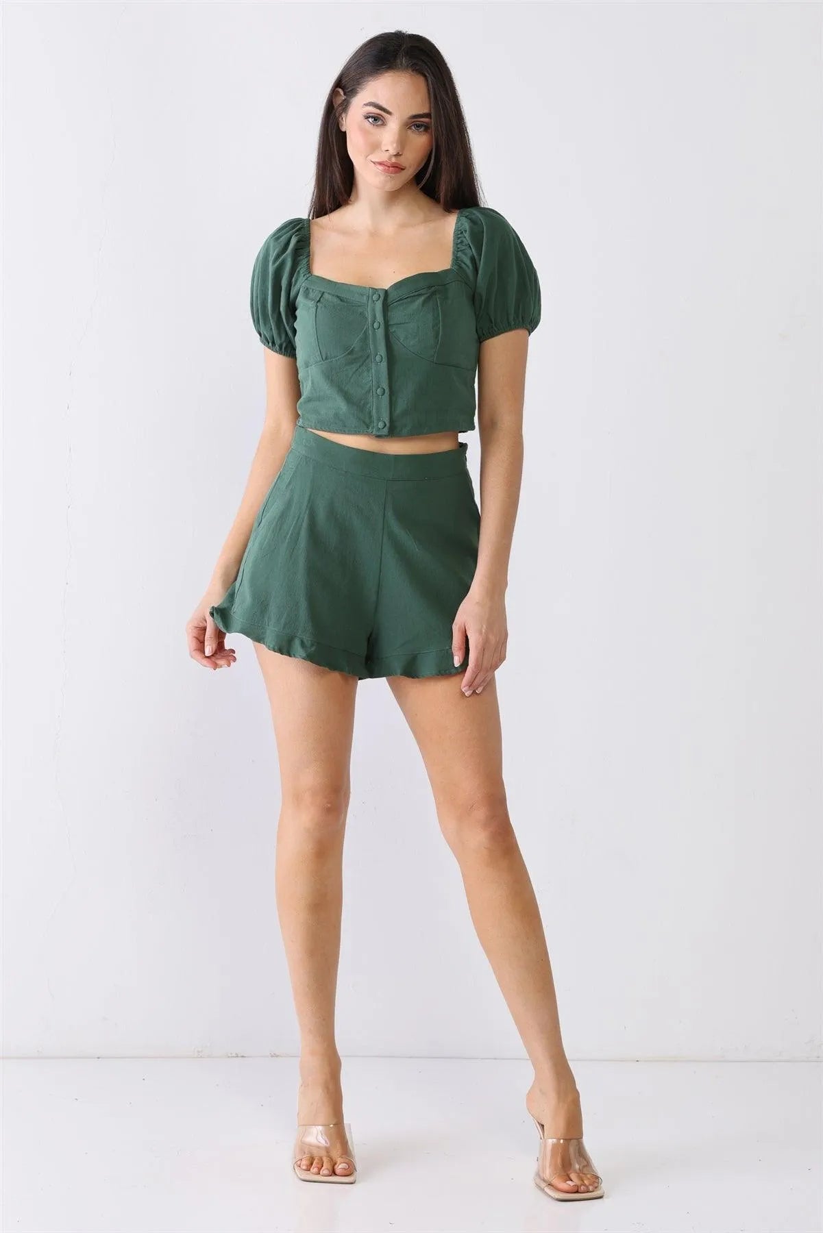 Green Cotton Button-Up Short Sleeve Crop Top & High Waist Two Pocket Shorts Set - Tasha Apparel Wholesale