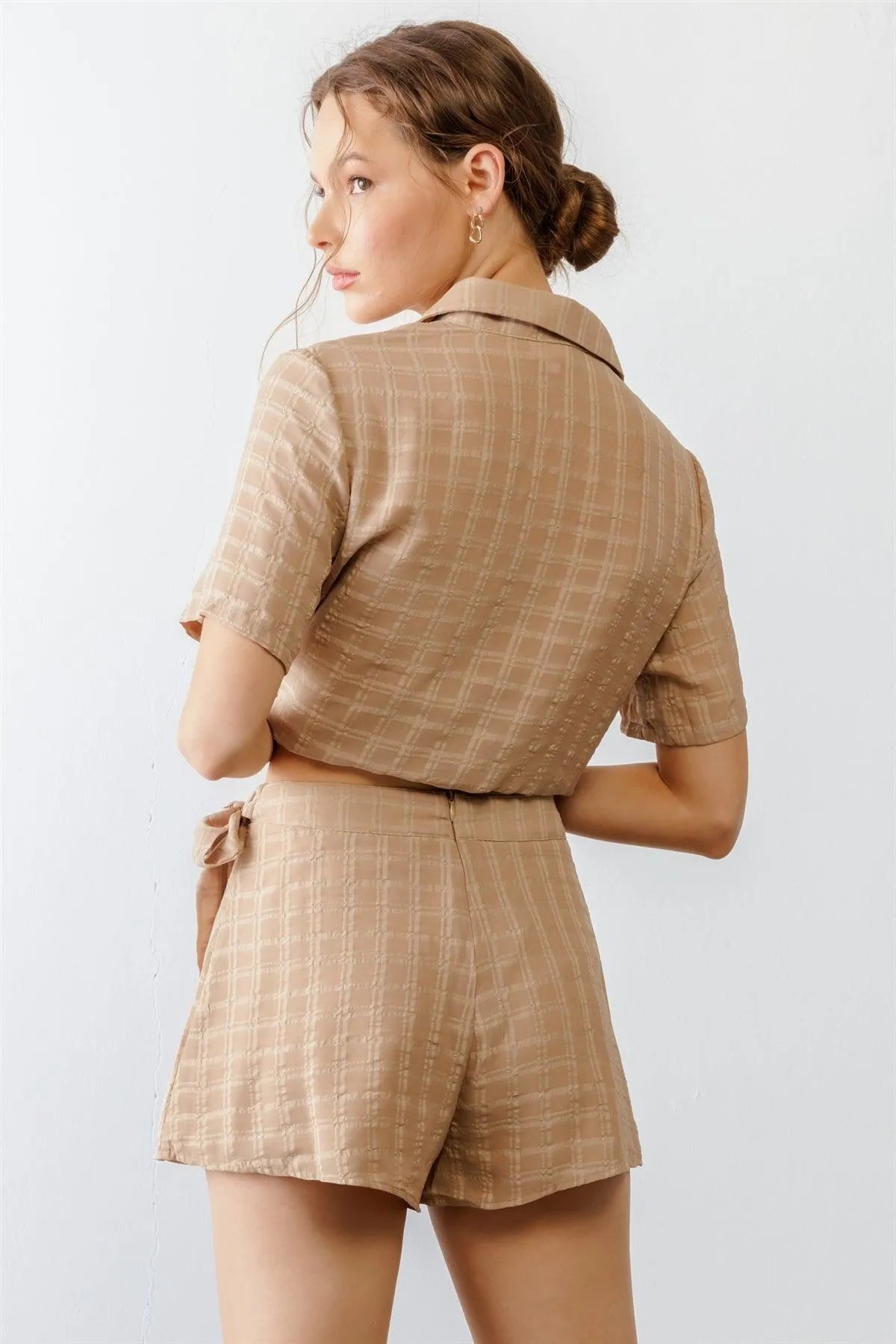 Khaki Plaid Button-Up Two Pocket Shirt Style Top & High Waist Tie Skort Set /1-2-2-1 - Tasha Apparel Wholesale