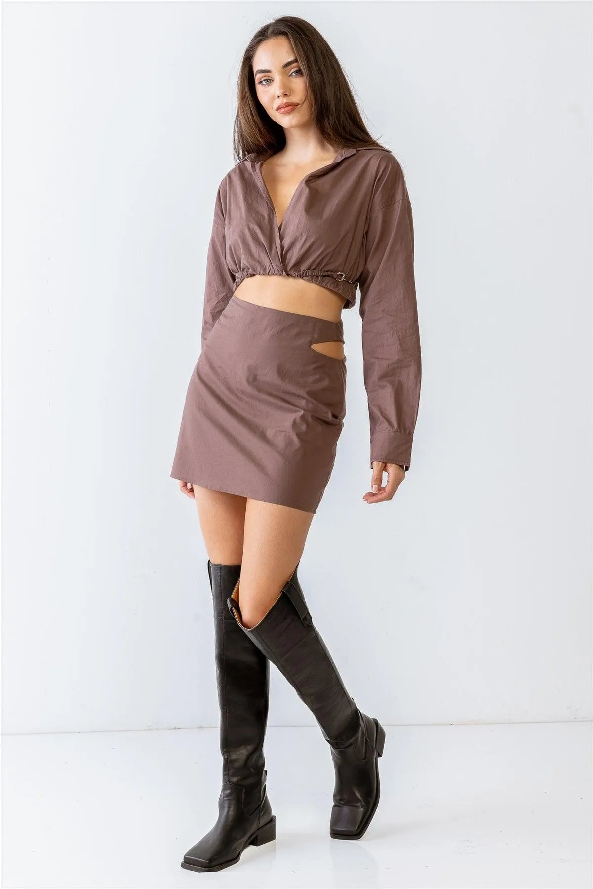 Collared Wrap Crop Top & High Waist Cut-Out Mini Skirt Set - Tasha Apparel Wholesale