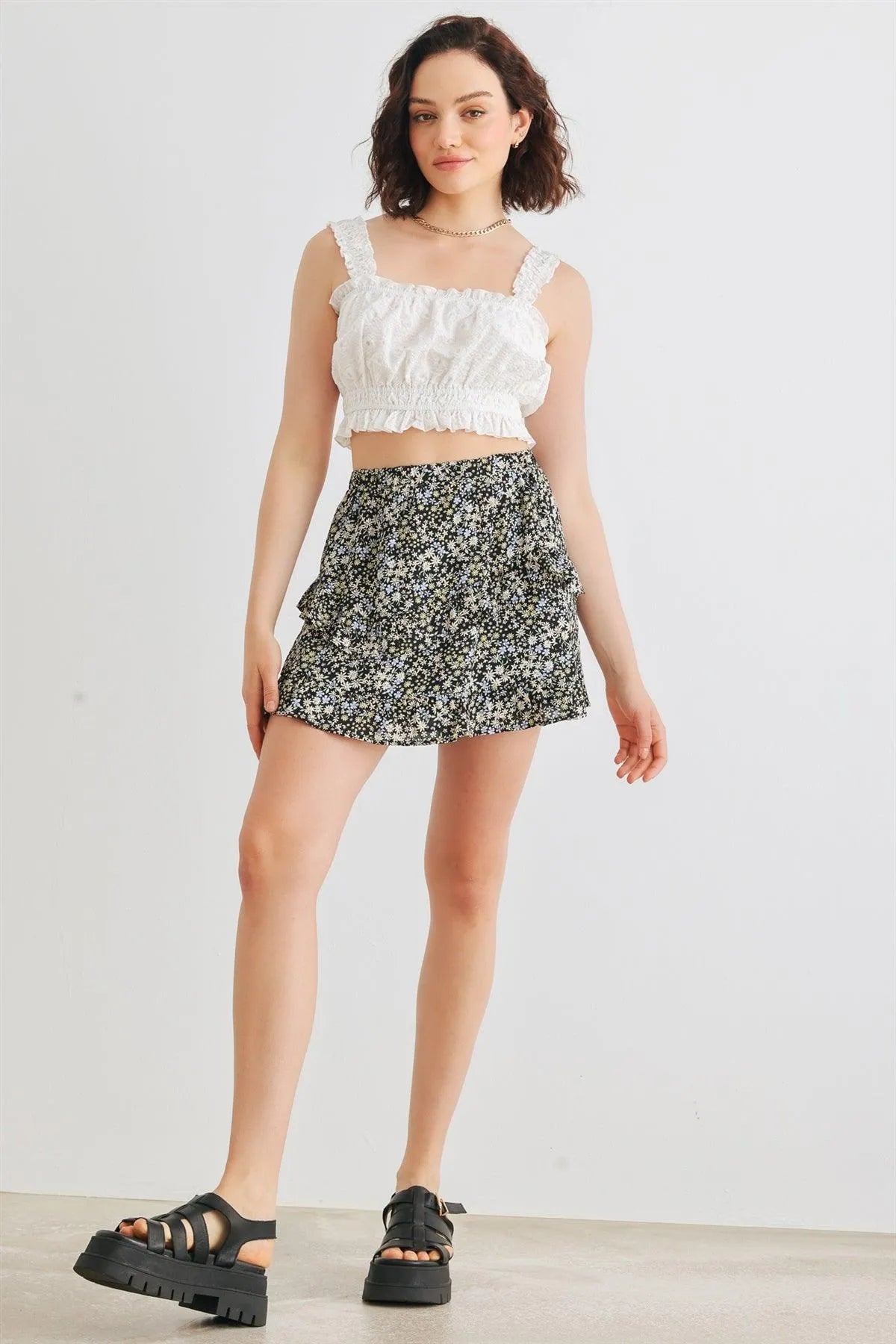 White Floral Embroidery Cotton Ruffle Sleeveless Crop Top /1-2-2-1 - Tasha Apparel Wholesale