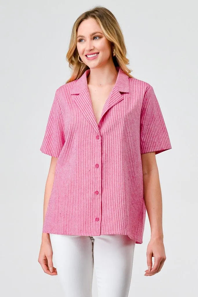 Fuchsia Striped Linen Collared Neck Button-Up Blazer Top /1-2-2-1 - Tasha Apparel Wholesale