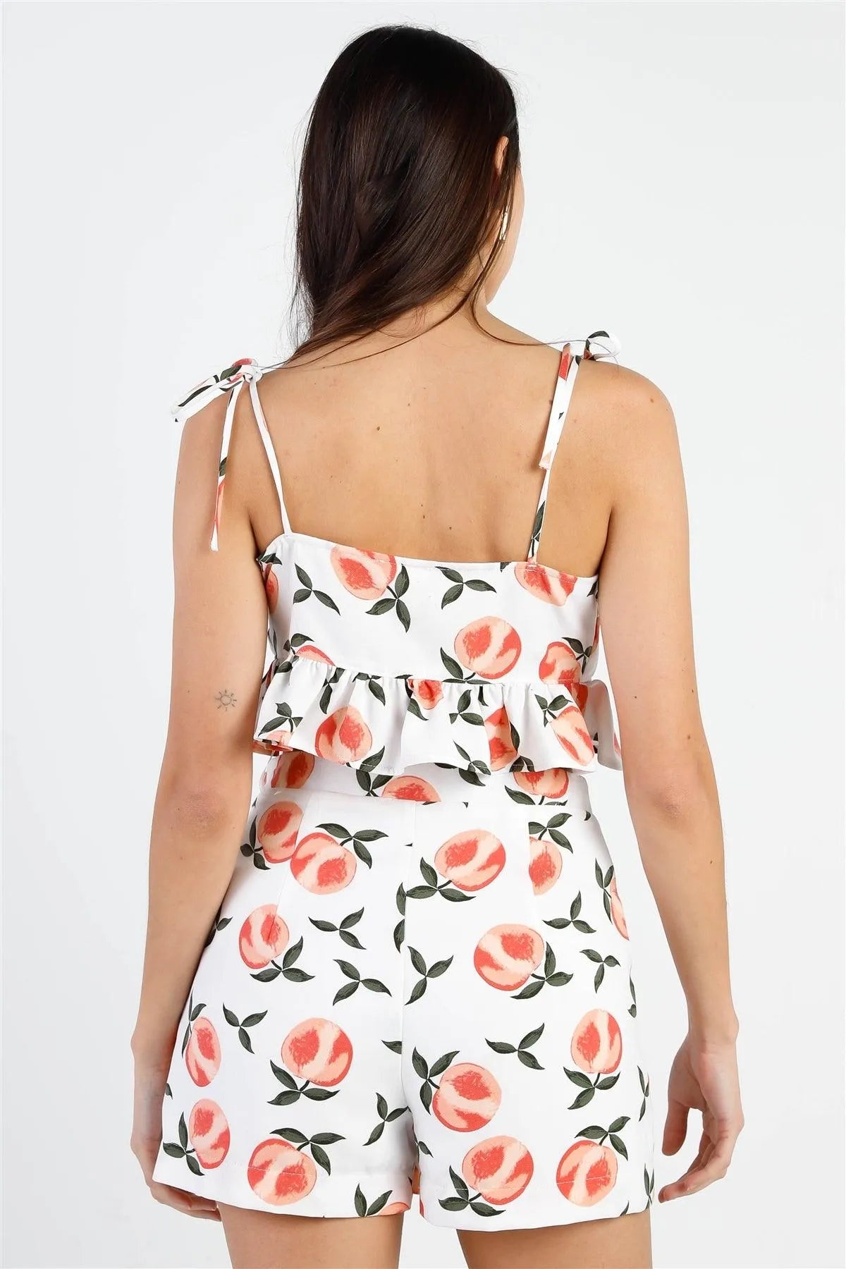 Off-White Peach Print Self-Tie Detail Crop Top & Short Set /3-2-1 - Tasha Apparel Wholesale