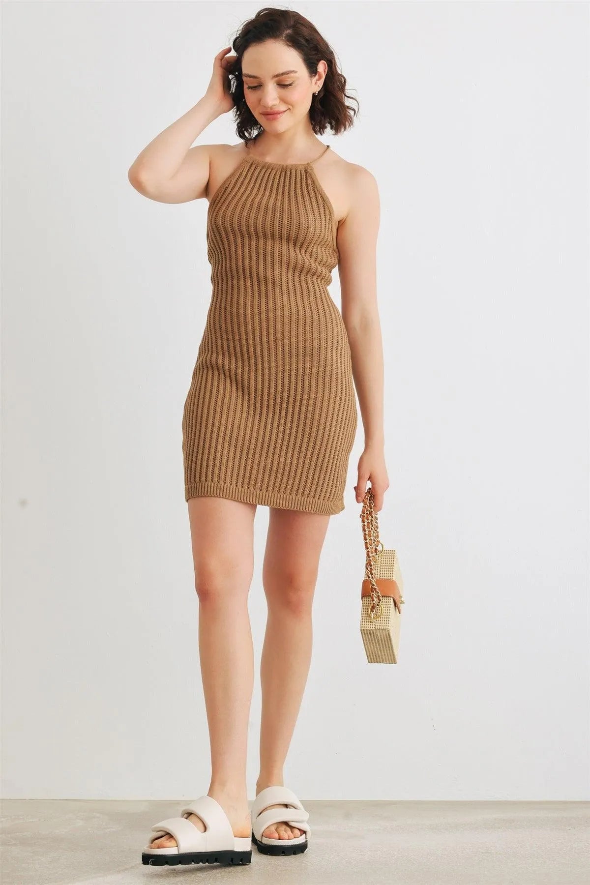 Tan Cotton Crochet Knit Halter Neck Mini Dress /1-3-2-1 - Tasha Apparel Wholesale