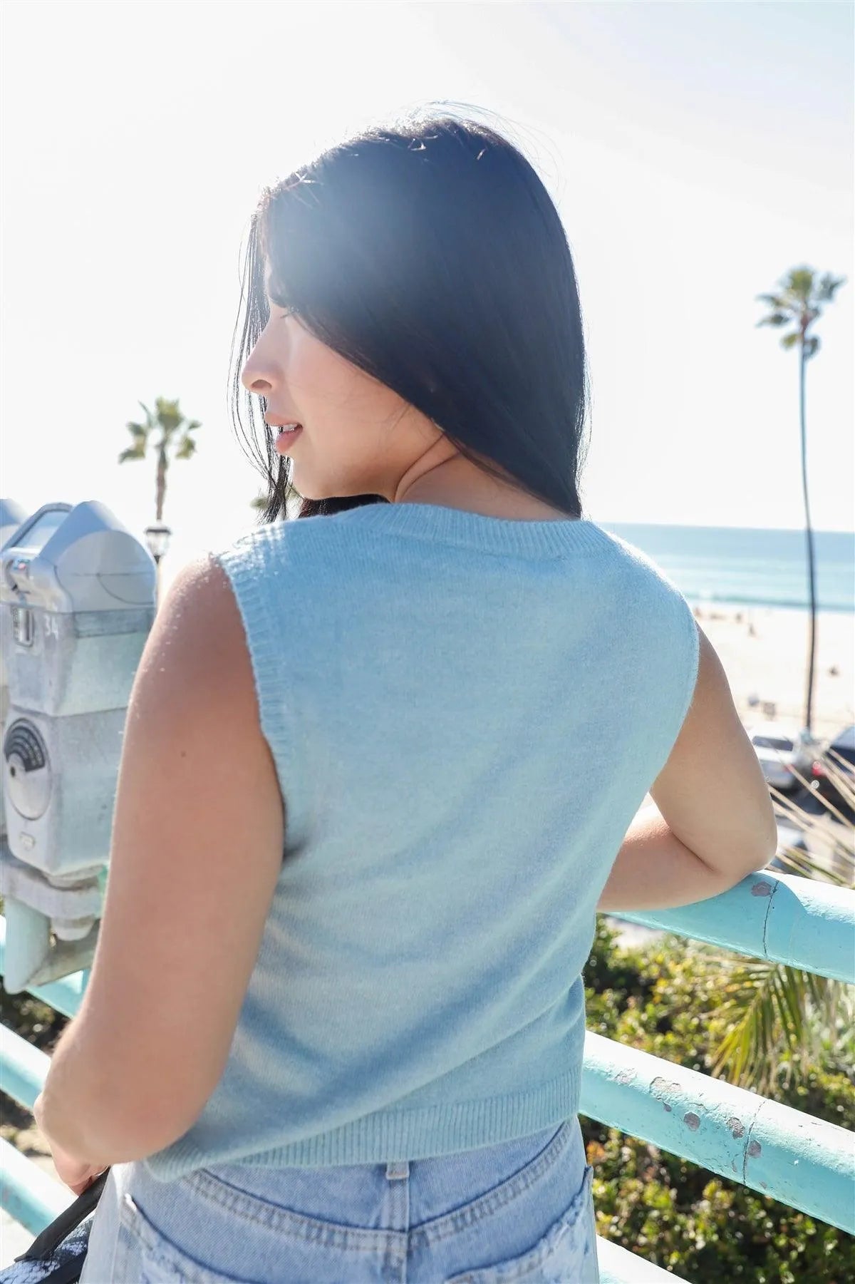 Blue Knit Button Up Sleeveless Top /3-2-1 - Tasha Apparel Wholesale