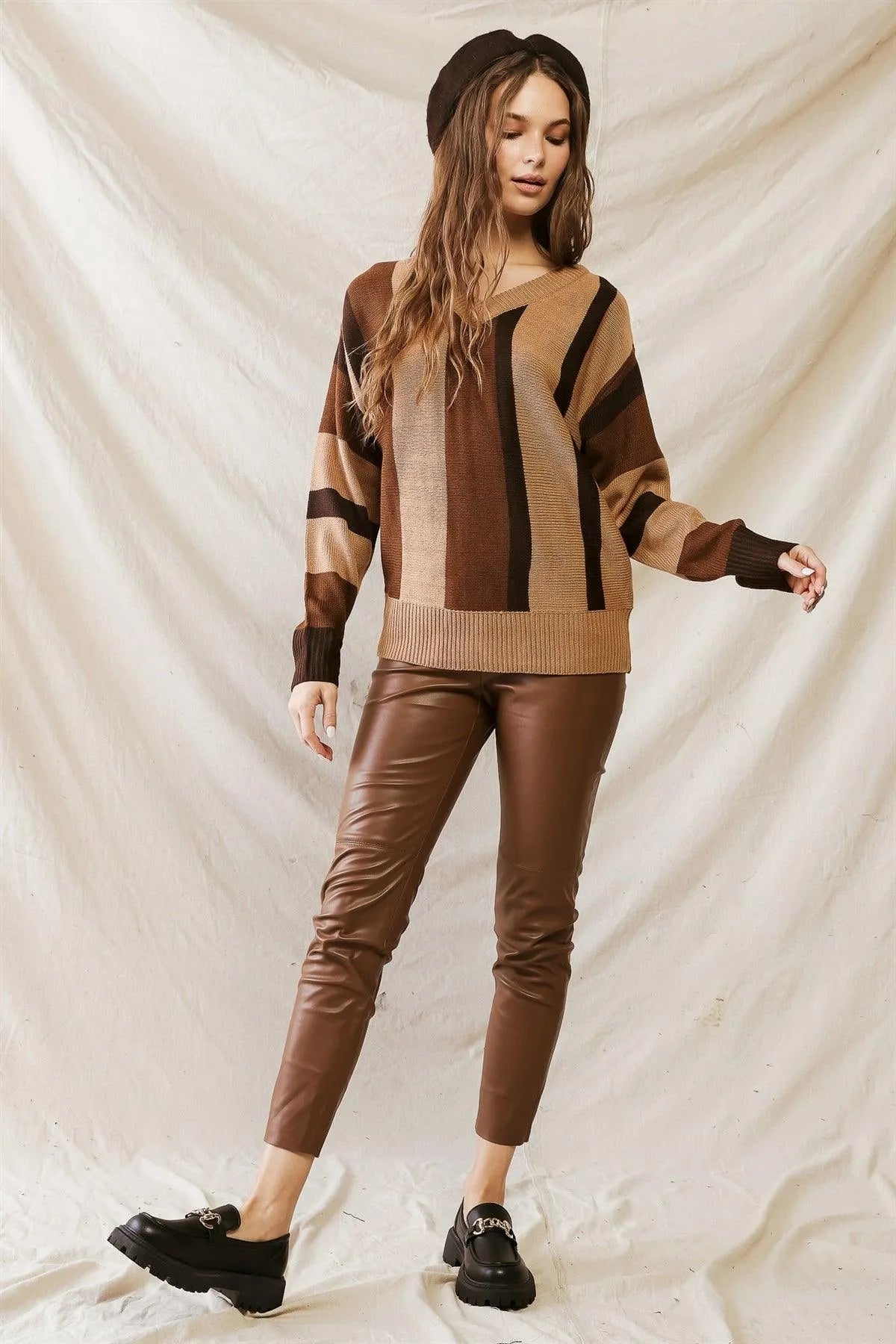 Brown Multi Colorblock Knit V-Neck Long Sleeve Sweater /1-2-2-1 - Tasha Apparel Wholesale