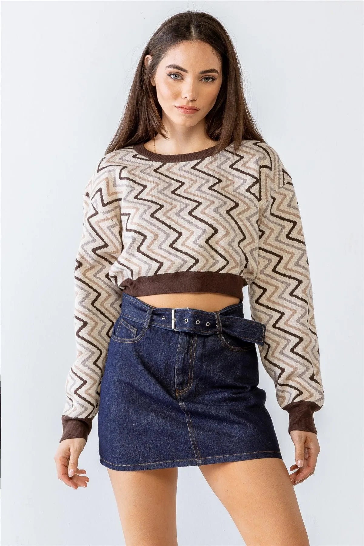 Ivory Multi Geometrical Print Long Sleeve Crop Top /1-2-2-1 - Tasha Apparel Wholesale
