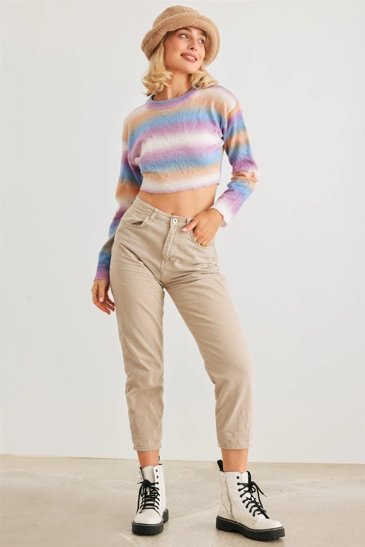 Peach Multi Knit Long Sleeve Open Back Cropped Sweater - Tasha Apparel Wholesale