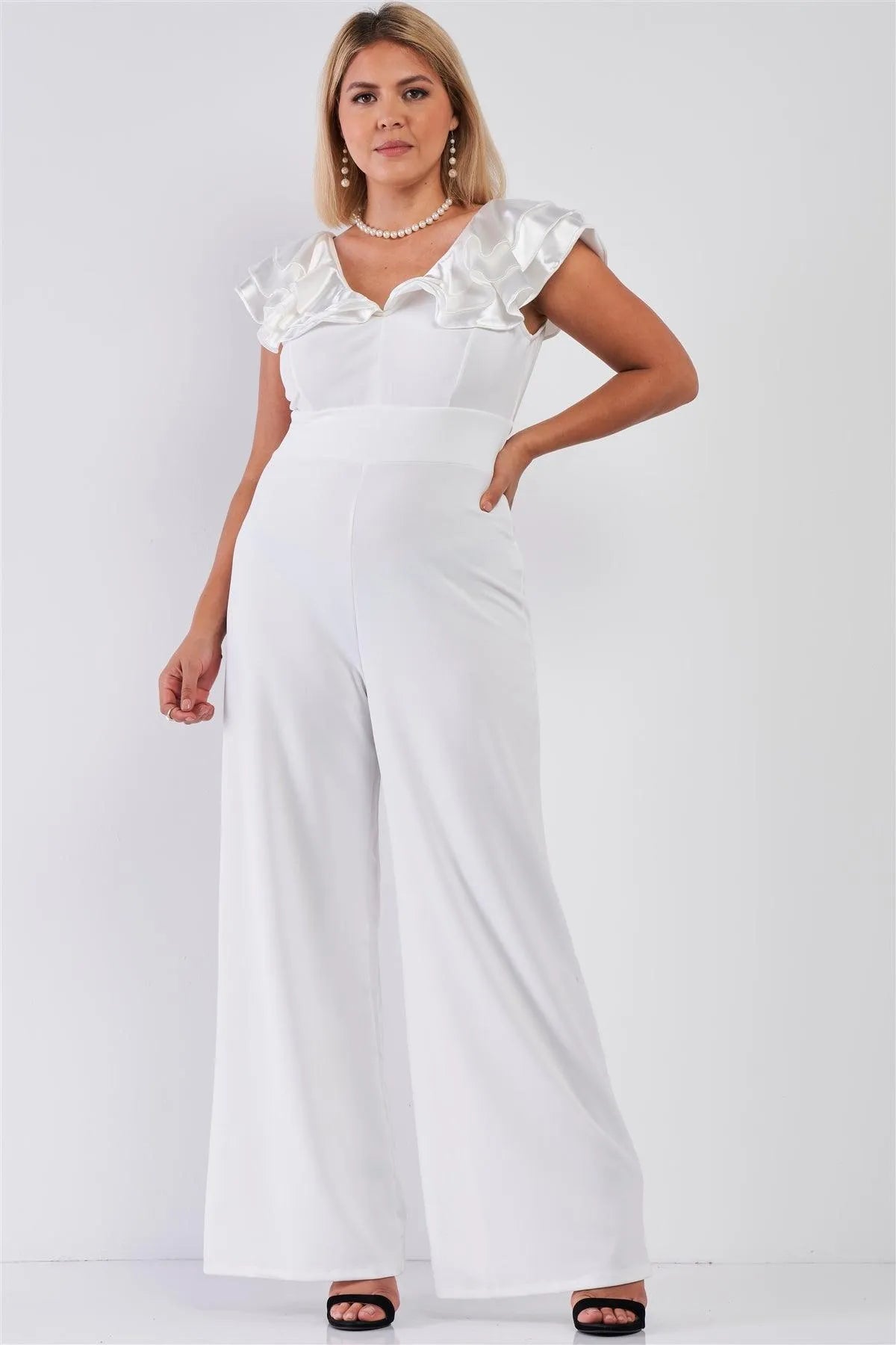 Junior Plus Ivory Sleeveless Satin Ruffle Shoulder Detail V-Neck Wide Leg Jumpsuit /1-1-1 - Tasha Apparel Wholesale
