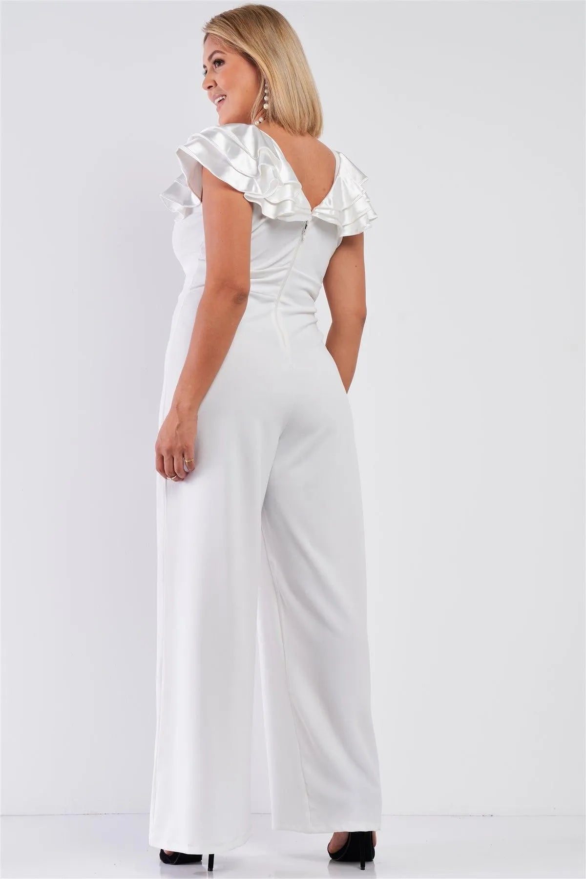 Junior Plus Ivory Sleeveless Satin Ruffle Shoulder Detail V-Neck Wide Leg Jumpsuit /1-2 - Tasha Apparel Wholesale