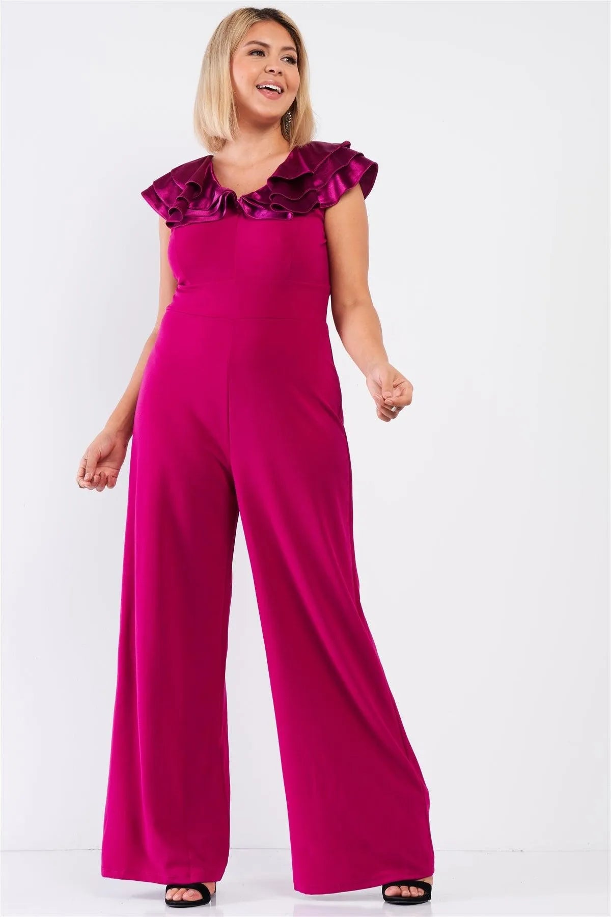 Junior Plus Berry Pink Sleeveless Satin Ruffle Shoulder Detail V-Neck Wide Leg Jumpsuit /1-1-1 - Tasha Apparel Wholesale