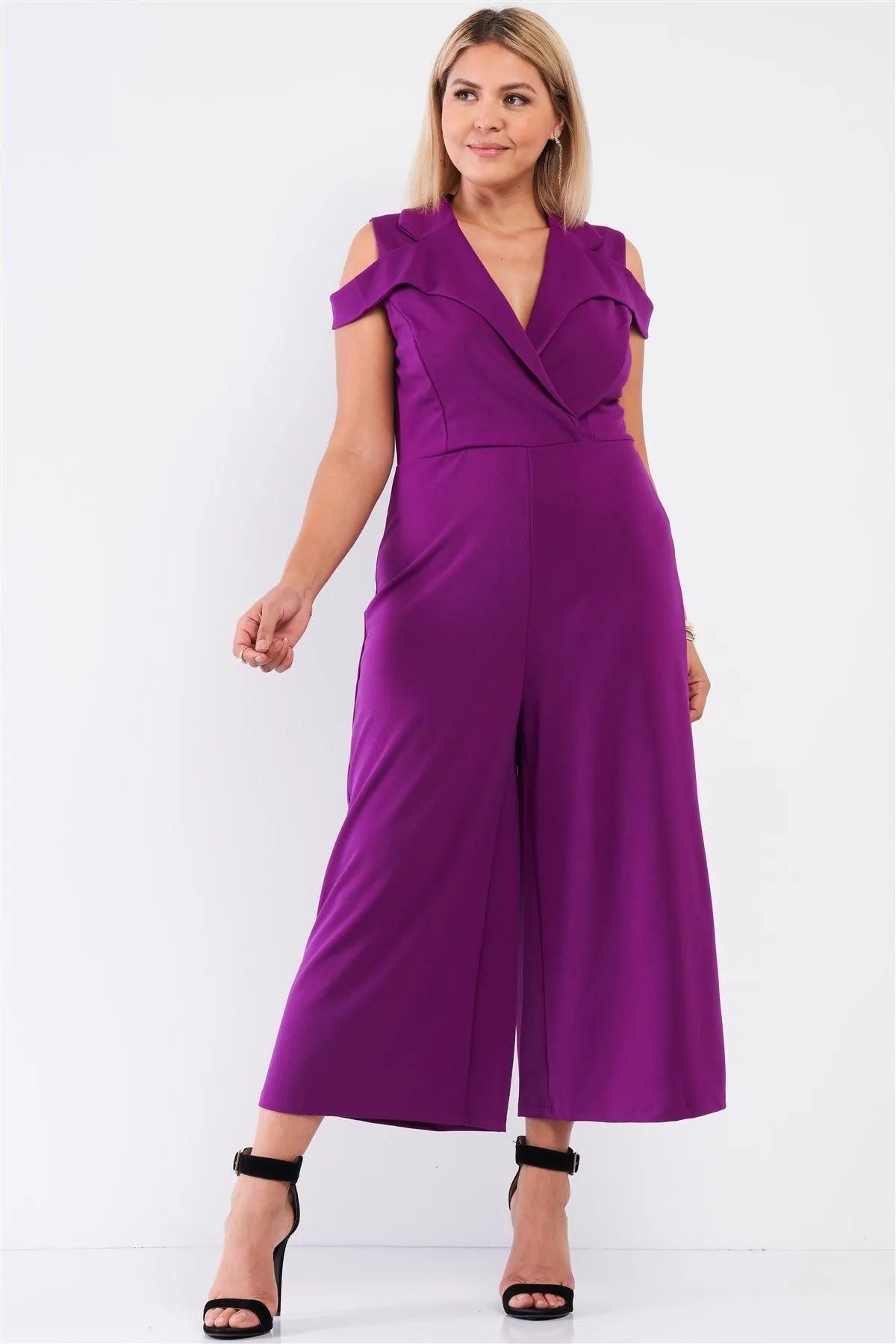 Junior Plus Magenta Sleeveless Collared Plunging V-Neck Wide Leg Jumpsuit /1-1-1 - Tasha Apparel Wholesale