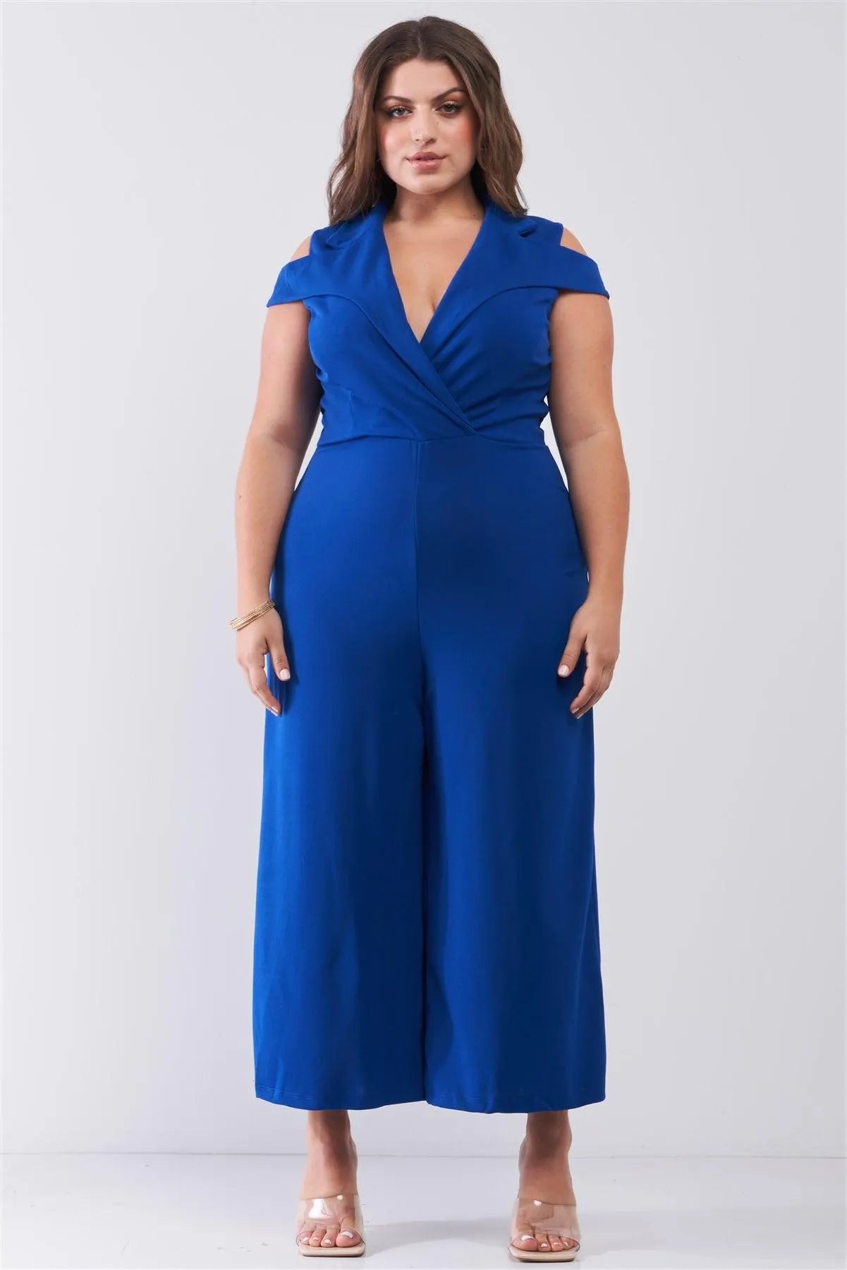 Junior Plus Royal Blue Sleeveless Collared Plunging V-Neck Wide Leg Jumpsuit - Tasha Apparel Wholesale