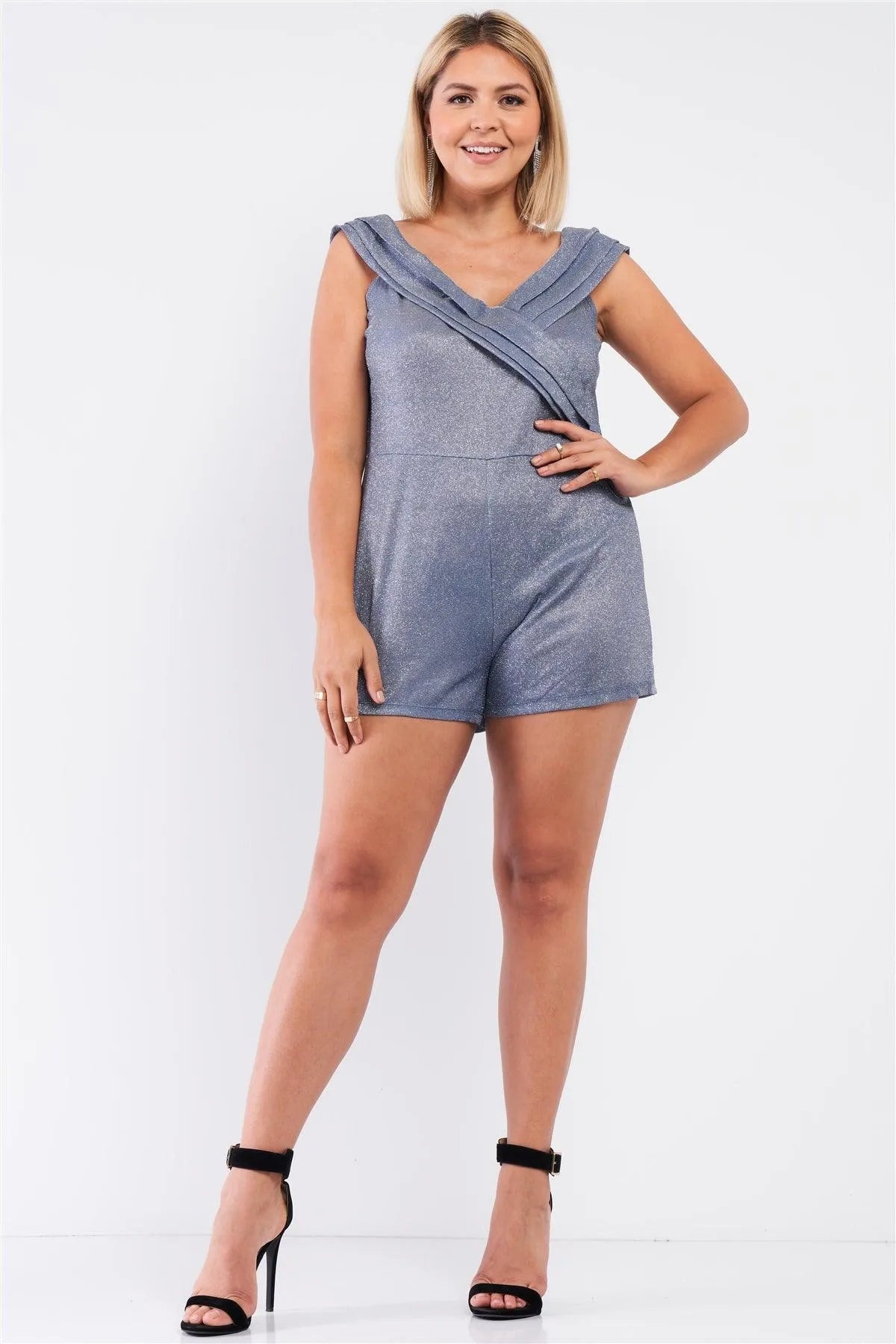 Junior Plus Glimmering Ice Blue Sleeveless Bateau Neck Pleated Wrap Detail Fitted Romper /1-1-1 - Tasha Apparel Wholesale