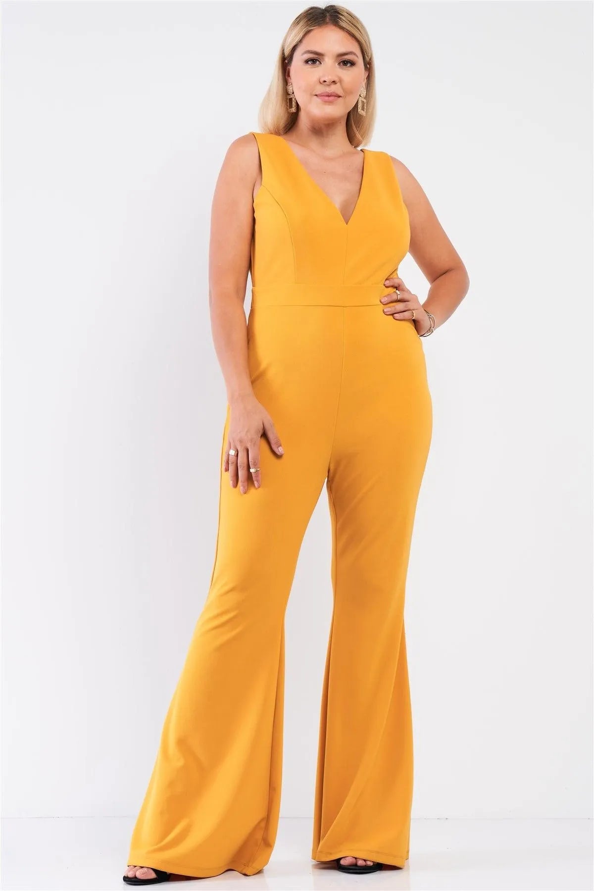 Junior Plus Mustard Sleeveless Deep Plunge V-Neck Wide Leg Jumpsuit /1-2 - Tasha Apparel Wholesale