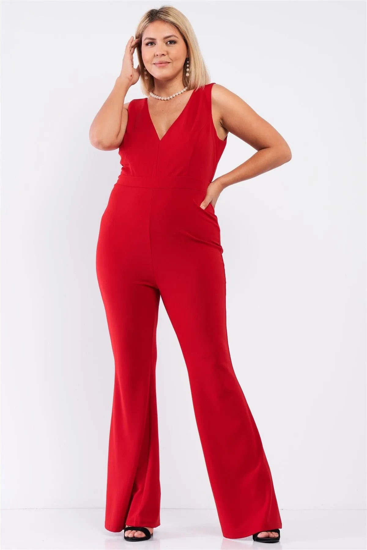 Junior Plus Red Sleeveless Deep Plunge V-Neck Wide Leg Jumpsuit /1-1-1 - Tasha Apparel Wholesale