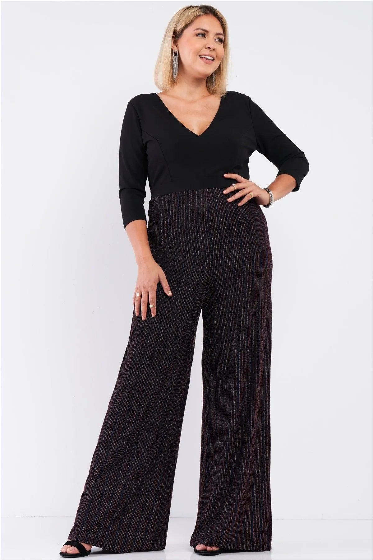 Get Your Sparkle On! Junior Plus Black Multicolor Glitter Detail V-Neck Midi Sleeve Wide Leg Jumpsuit /1-1-1 - Tasha Apparel Wholesale