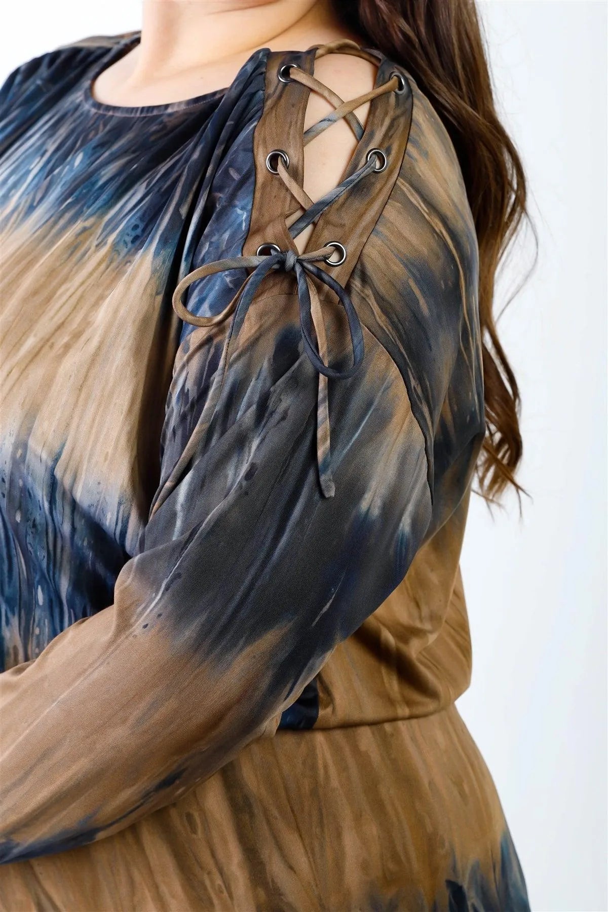 Junior Plus Indigo Brown Tie-Dye Lace Up Shoulder Details Back Wrap Cut-Out Jumpsuit /1-1-1 - Tasha Apparel Wholesale