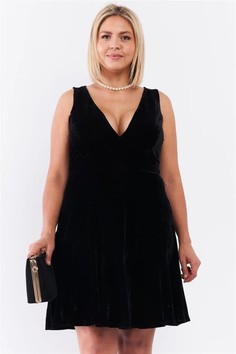 Junior Plus Size Black Velvet Sleeveless Deep Plunge V-Neck Swing Bottom Dress - Tasha Apparel Wholesale