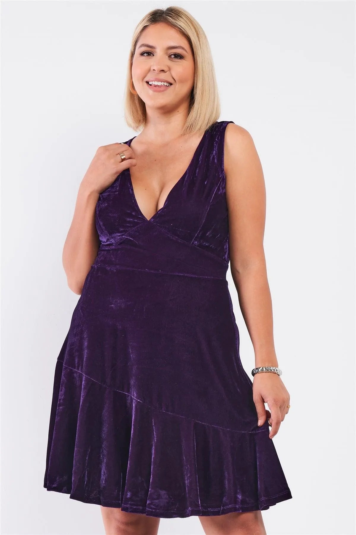 Junior Plus Size Purple Velvet Sleeveless Deep Plunge V-Neck Swing Bottom Dress /2-2-2 - Tasha Apparel Wholesale
