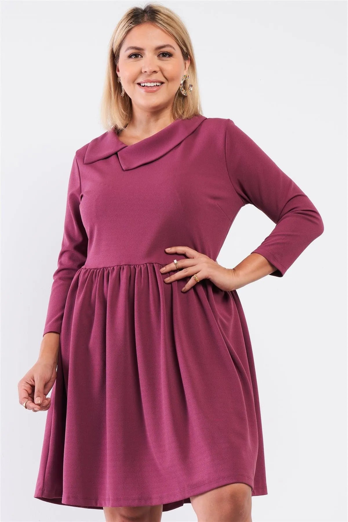 Junior Plus Mauve Pleated Preppy Fit & Flare Long Sleeve Asymmetrical Peter Pan Collar Mini Dress /2-2-2 - Tasha Apparel Wholesale