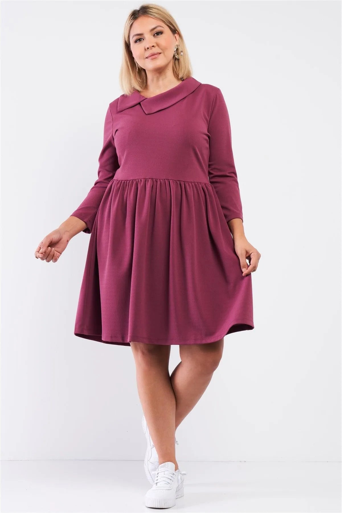 Junior Plus Mauve Pleated Preppy Fit & Flare Long Sleeve Asymmetrical Peter Pan Collar Mini Dress /1-2-3 - Tasha Apparel Wholesale