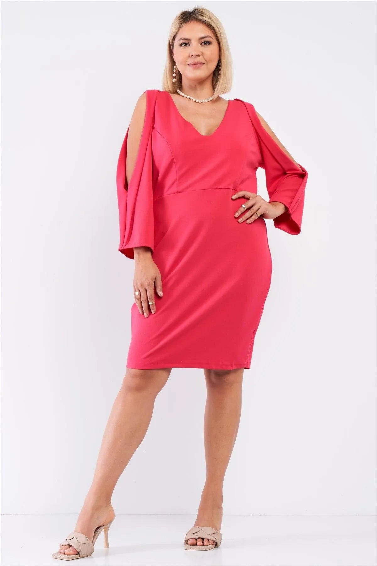 Junior Plus Coral Pink Plunging V-Neck Long Slit Sleeve Detail Mini Dress /1-1-1 - Tasha Apparel Wholesale