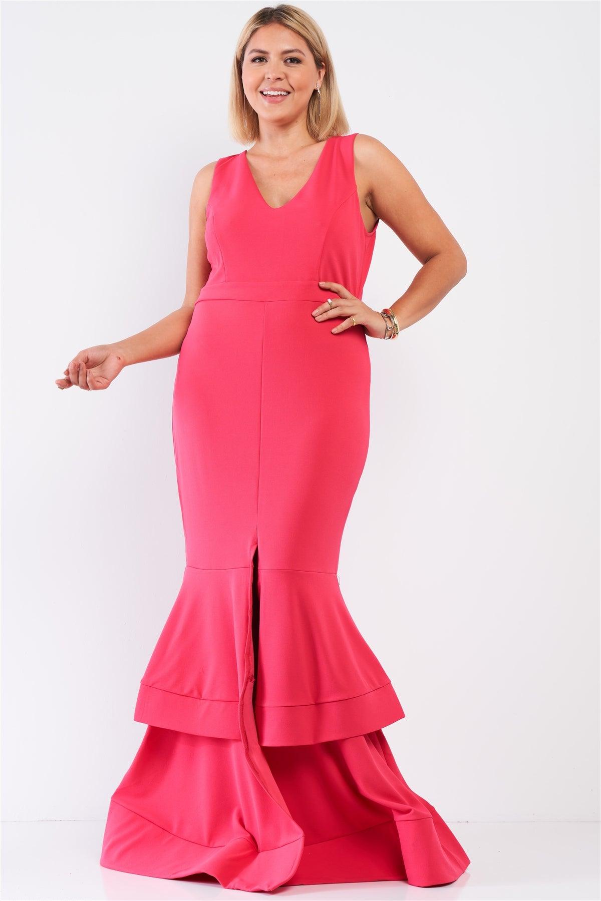 Wholesale Plus Size Coral-Pink V-Neck Front Slip Layered Flare Hem Maxi  Mermaid Dress