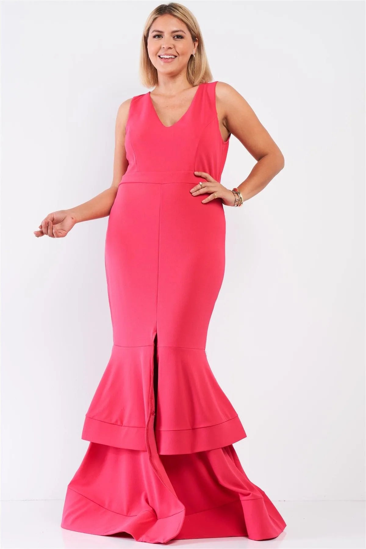 Plus Size Coral-Pink Layered Flare Hem Maxi Mermaid Dress Plus Size Coral-Pink Layered Flare Hem Maxi Mermaid Dress