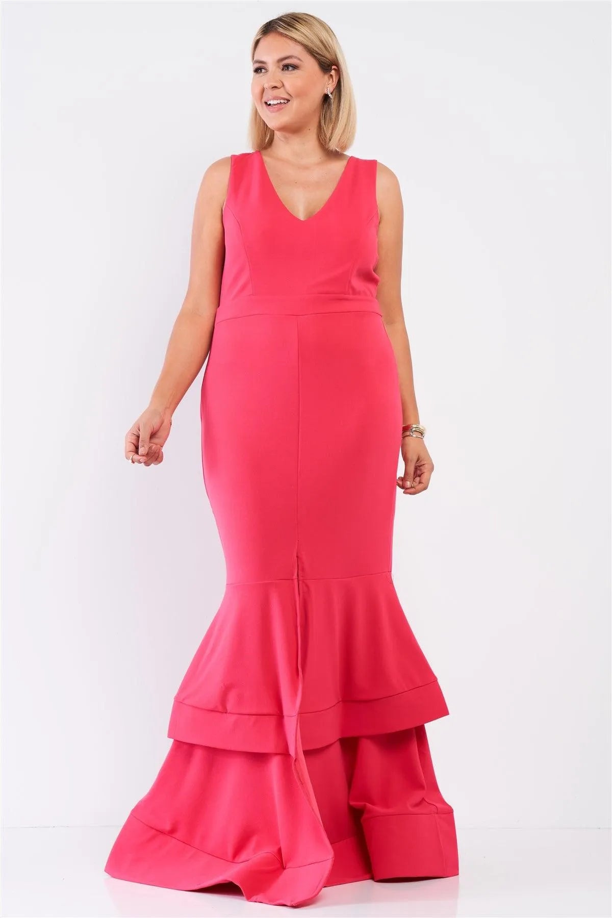 Plus Size Coral-Pink Layered Flare Hem Maxi Mermaid Dress - Tasha Apparel Wholesale