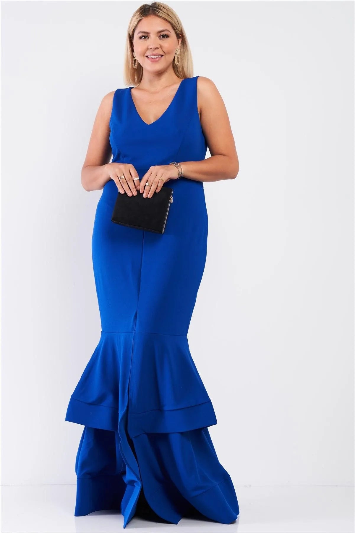 Junior Plus Royal Blue Sleeveless V-Neck Front Slip Layered Flare Hem Maxi Mermaid Dress /1-1-1 - Tasha Apparel Wholesale