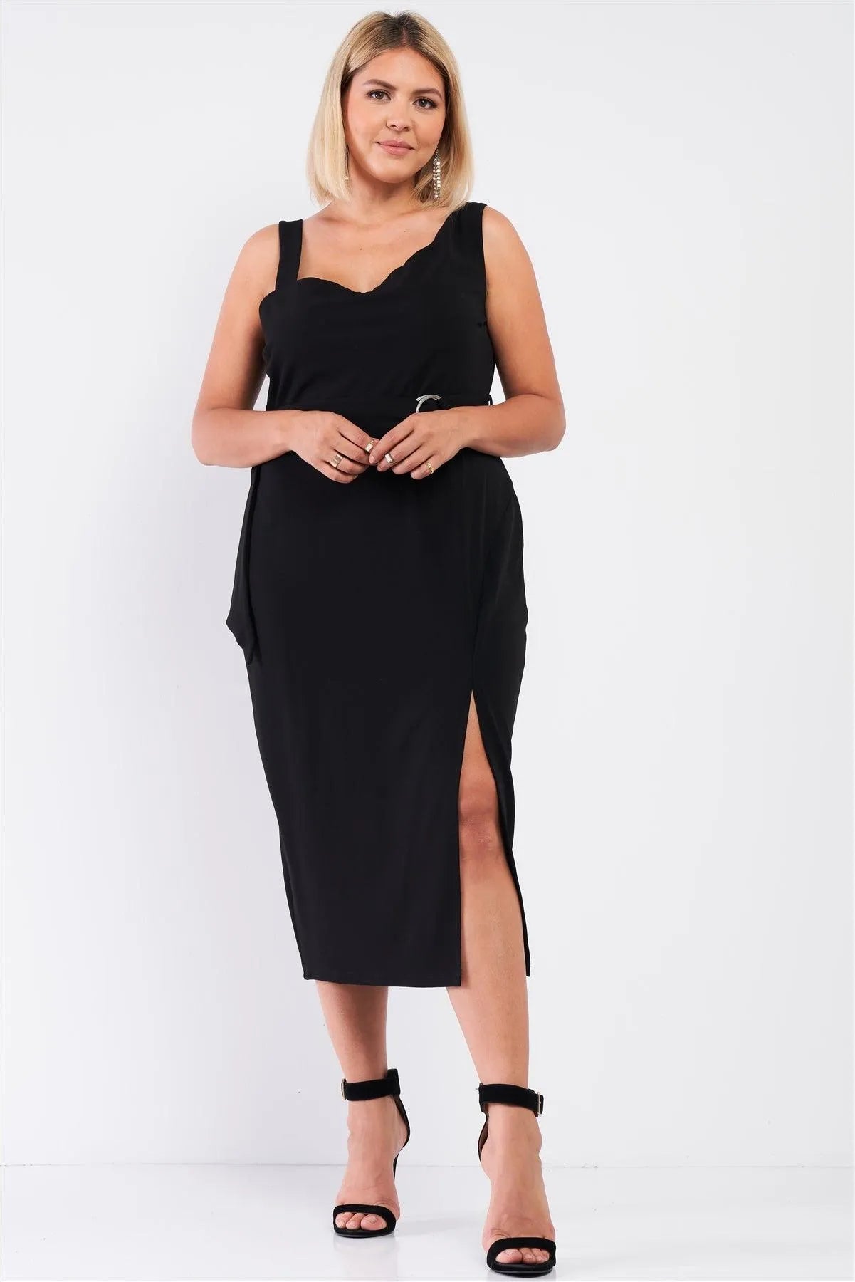Junior Plus Black Sleeveless Asymmetrical Shoulder Front Slit Detail Belted Dress /1-1-1 - Tasha Apparel Wholesale