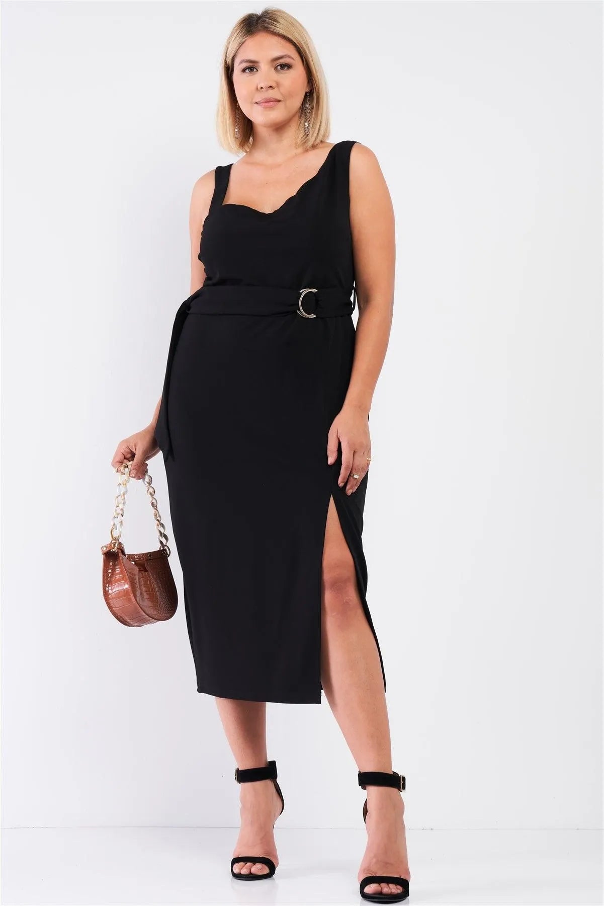 Junior Plus Black Sleeveless Asymmetrical Shoulder Front Slit Detail Belted Dress /2-1 - Tasha Apparel Wholesale