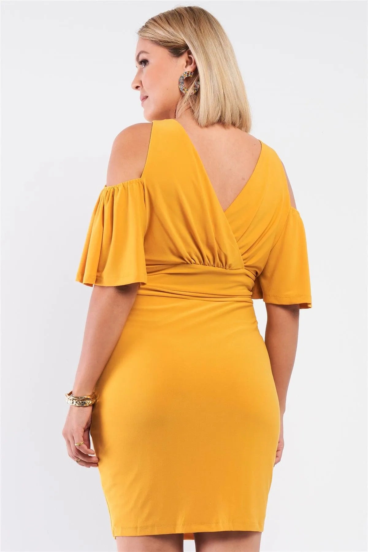 Junior Plus Mustard Yellow Off-The-Shoulder Plunging Wrap V-Neck Fitted Mini Dress /1-1-1 - Tasha Apparel Wholesale