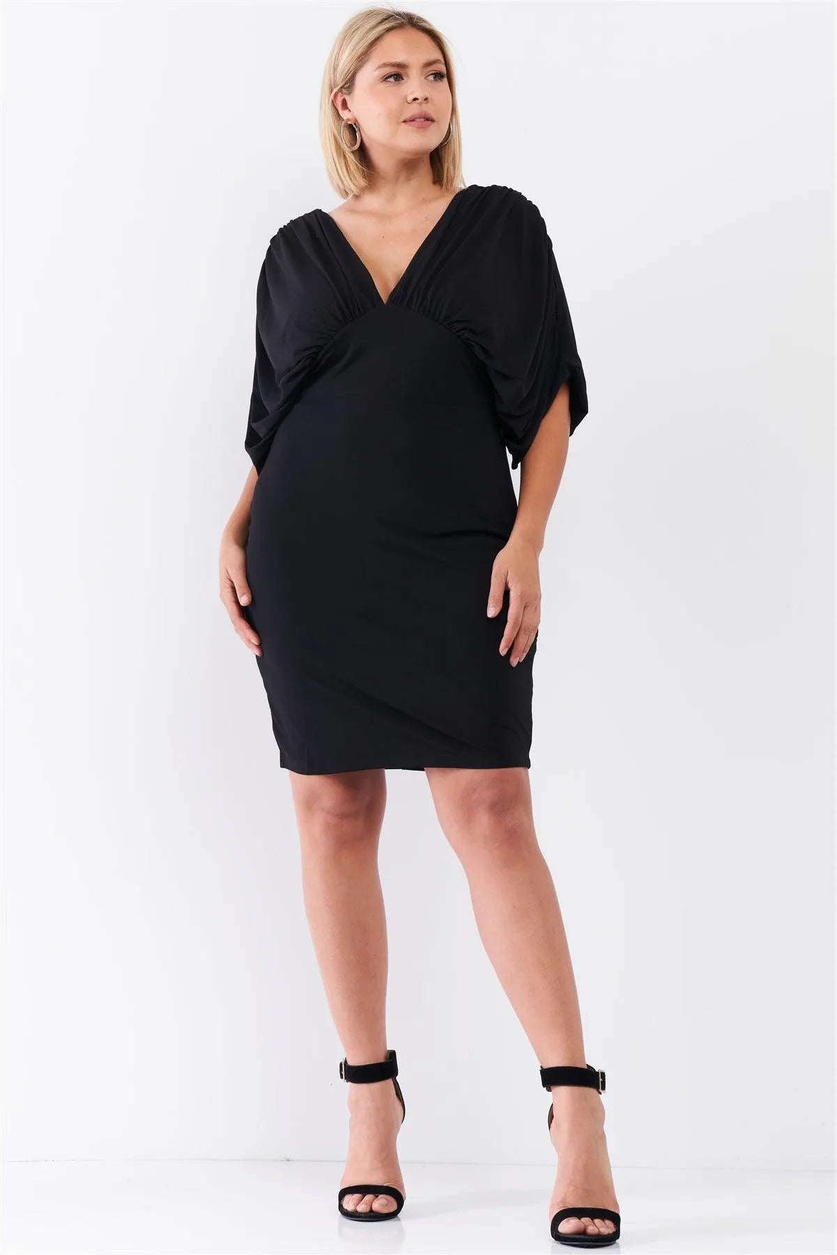 Junior Plus Black Ruched Short Sleeve V-Neck Empire Waist Mini Dress /1-1-1 Junior Plus Black Ruched Short Sleeve V-Neck Empire Waist Mini Dress /1-1-1