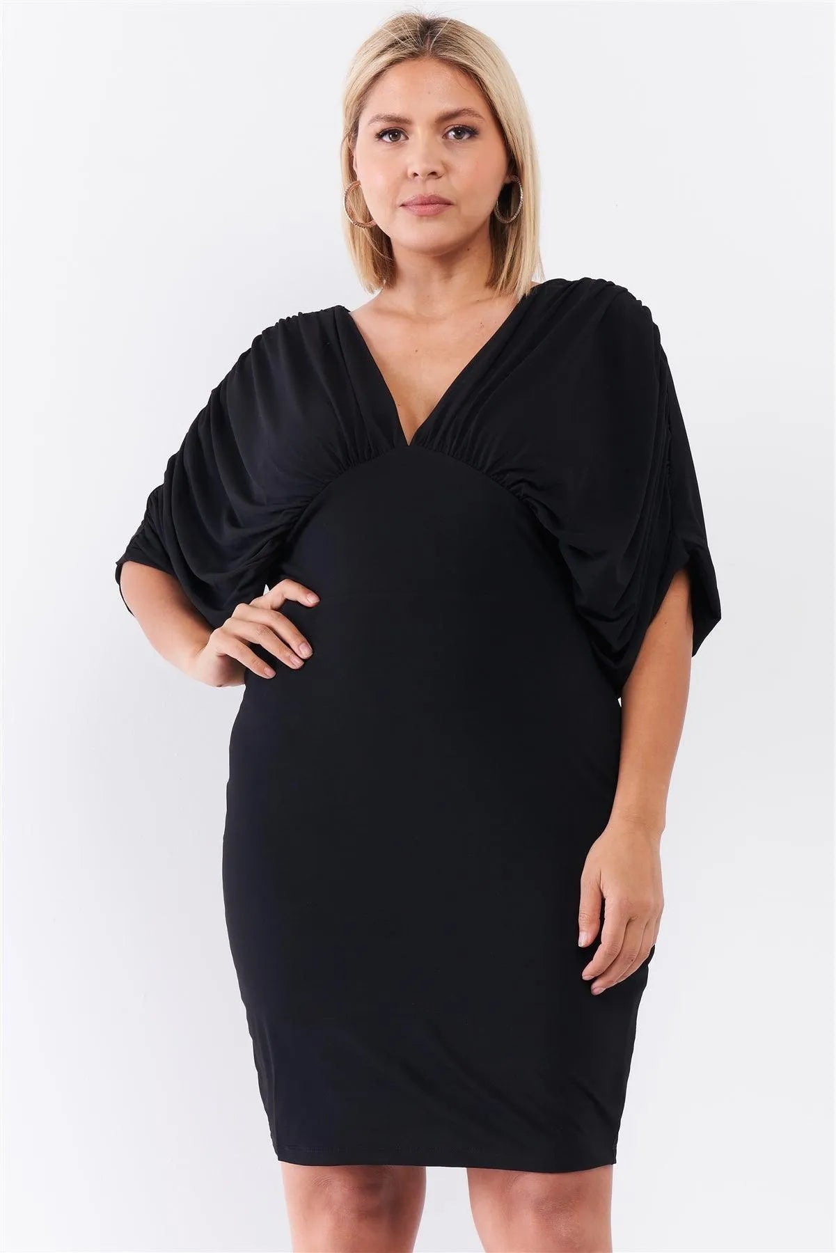 Junior Plus Black Ruched Short Sleeve V-Neck Empire Waist Mini Dress /1-1-1 - Tasha Apparel Wholesale