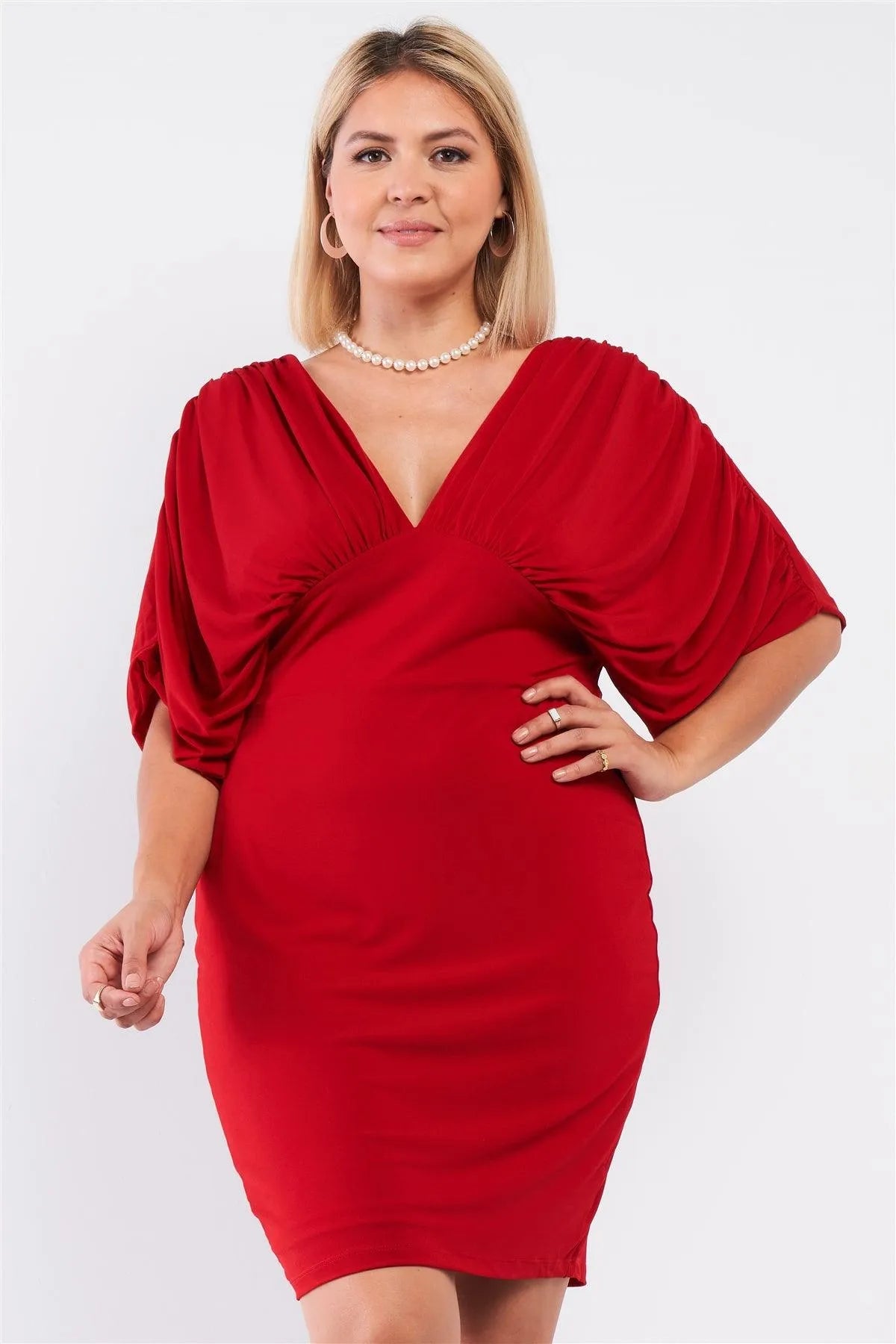 Junior Plus Red Ruched Short Sleeve V-Neck Empire Waist Mini Dress /1-1-1 - Tasha Apparel Wholesale