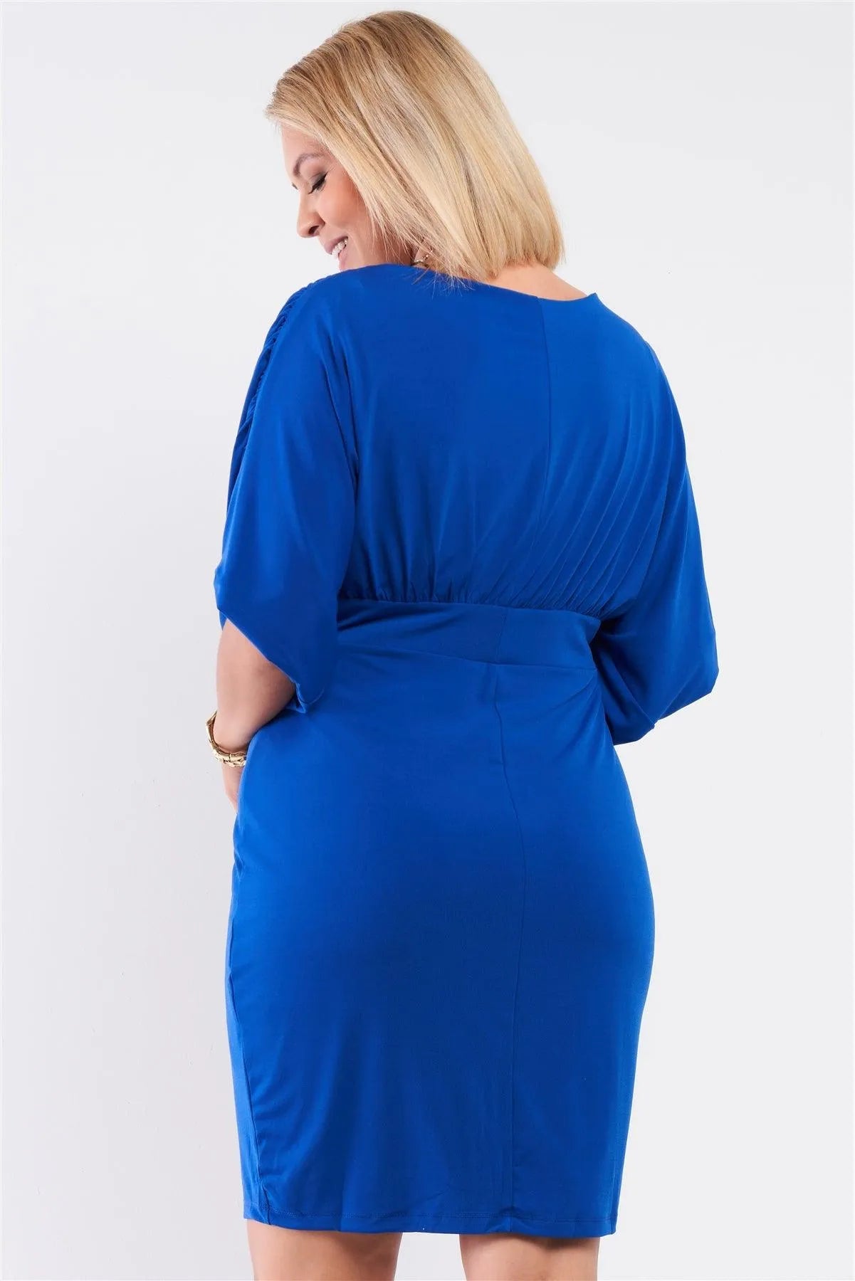 Junior Plus Royal Blue Ruched Short Sleeve V-Neck Empire Waist Mini Dress /2-2 - Tasha Apparel Wholesale