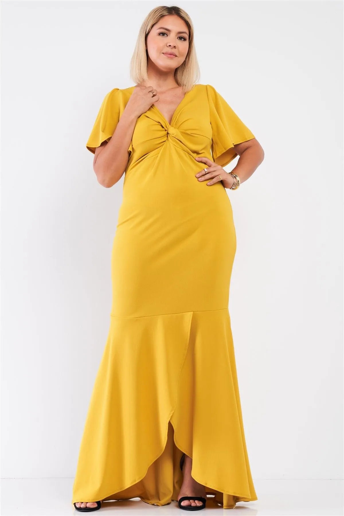 Junior Plus Tealeaf Mustard V-Neck Angel Sleeve Wrap Twist Bottom Wrap Mermaid Tail Maxi Dress /1-1-1 - Tasha Apparel Wholesale