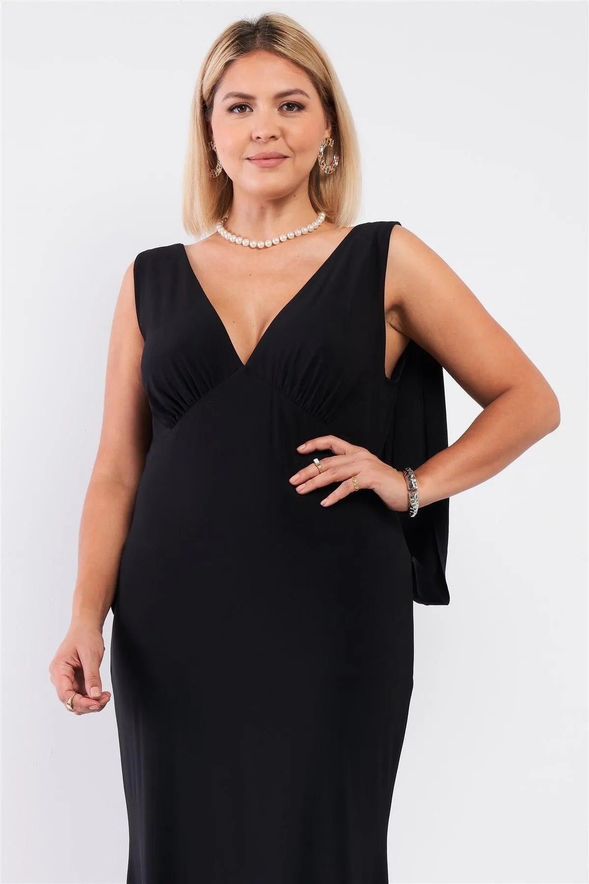 Junior Plus Black Draped Back V-Neck Sleeveless Maxi Dress /1-1-1 - Tasha Apparel Wholesale