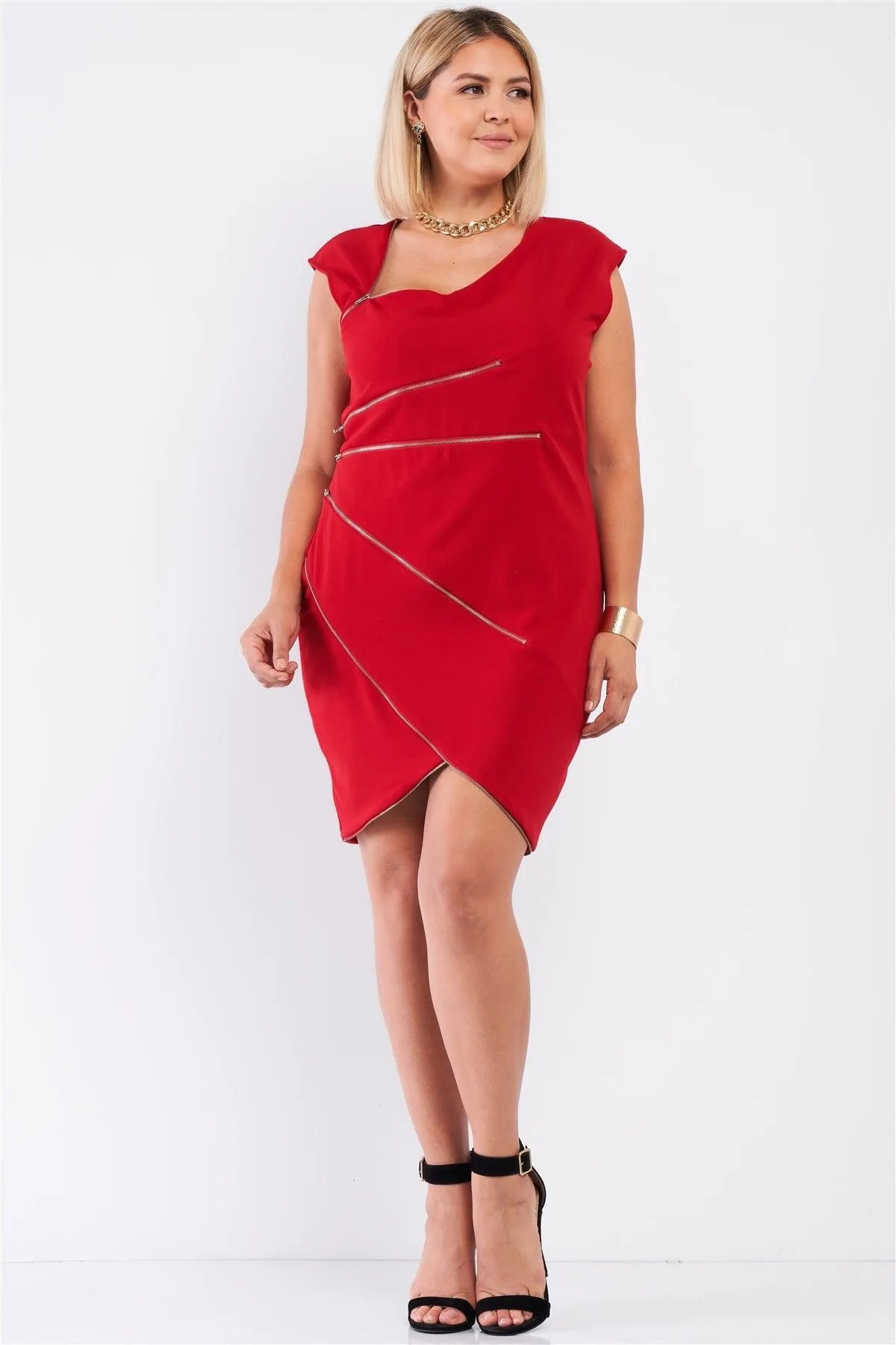 Junior Plus Red Asymmetrical Neck Cross Zipper Front Detail Mini Dress /1-1-1 - Tasha Apparel Wholesale