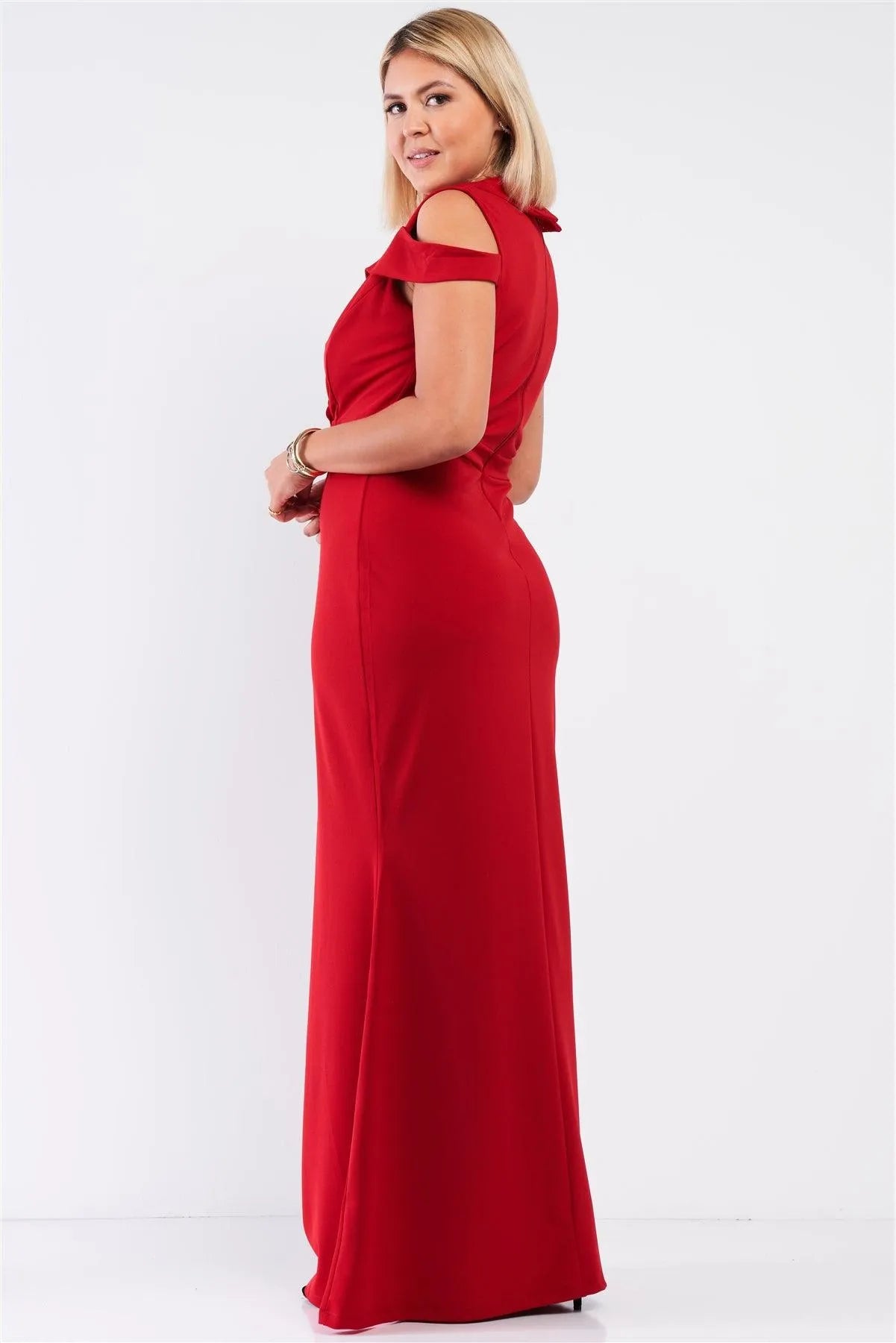 Junior Plus Red Sleeveless Collared Plunging V-Neck Maxi Dress /1-1-1 - Tasha Apparel Wholesale