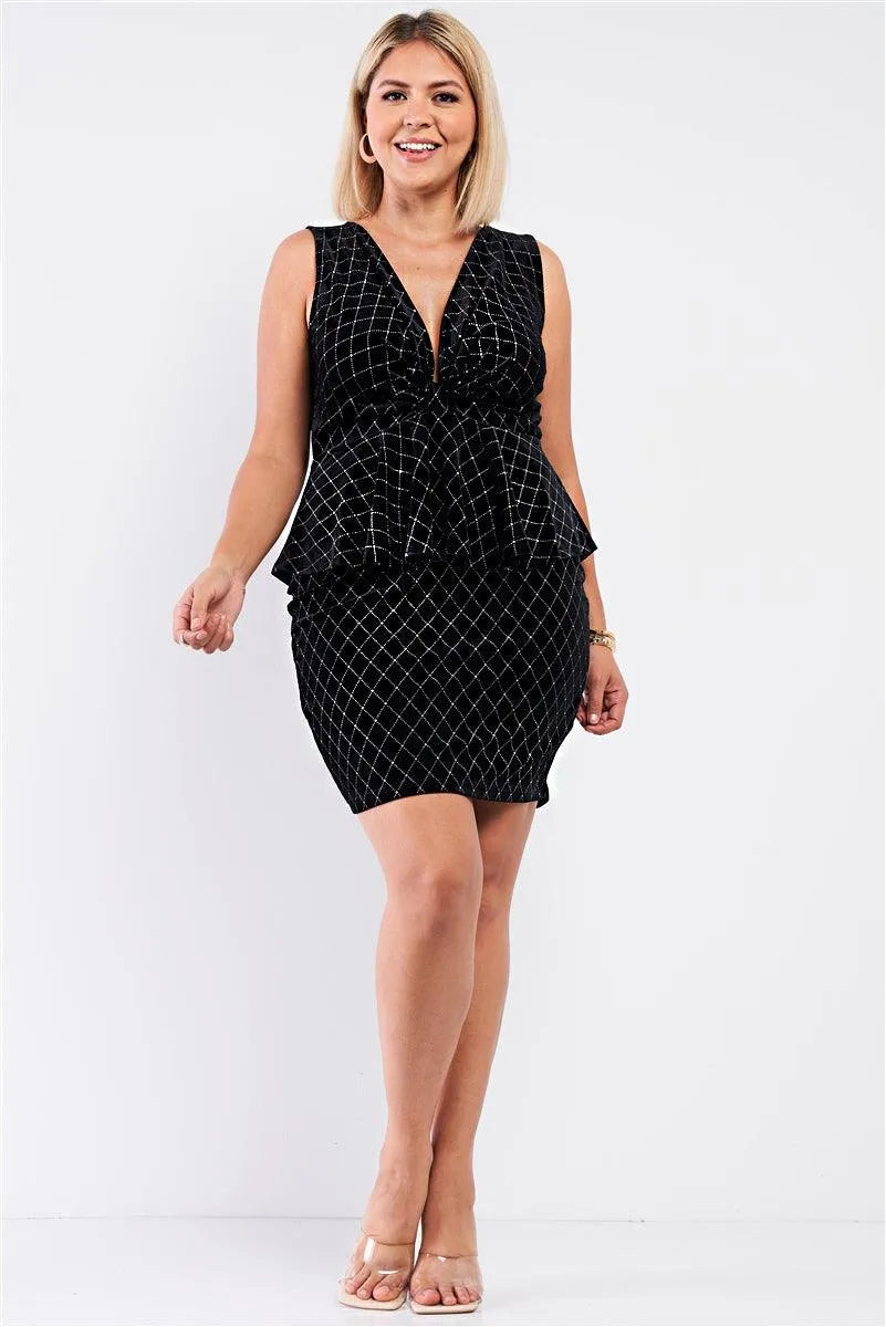 Junior Plus Black Quilted Glitter Print Sleeveless Bow Gathered Plunging V-Neck Flare Hem Fitted Mini Dress /1-1-1 - Tasha Apparel Wholesale