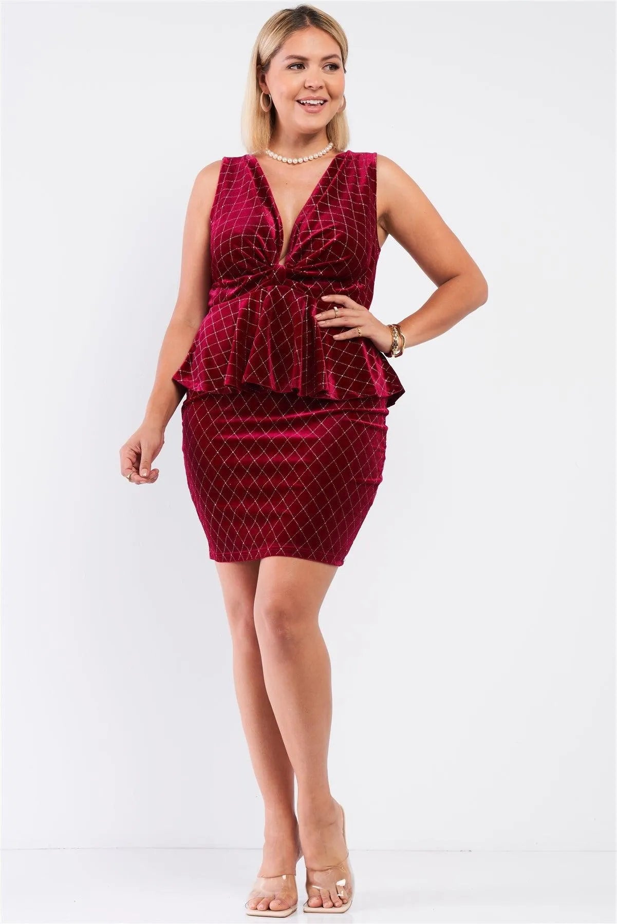Junior Plus Burgundy Quilted Glitter Print Sleeveless Bow Gathered Plunging V-Neck Flare Hem Fitted Mini Dress /1-1-1 - Tasha Apparel Wholesale