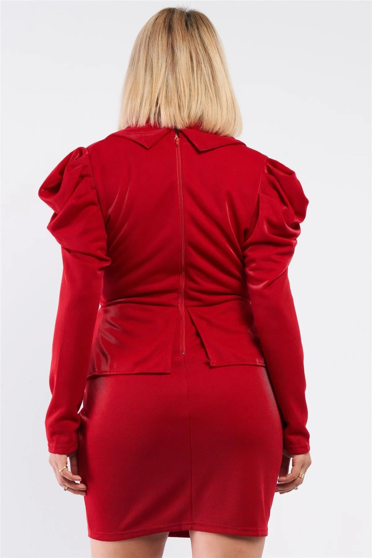Junior Plus Deep Red Long Sleeve Victorian Steampunk Inspired V-Neck Button Front Pleated Detail Mock Blazer Fitted Dress /1-1-1 - Tasha Apparel Wholesale